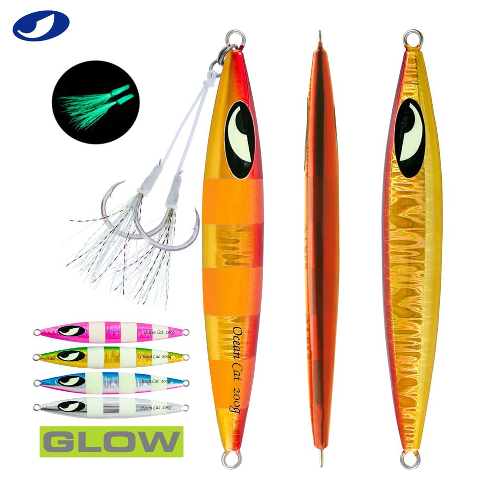 OCEAN CAT Lead Metal Flat Slow Fall Pitch Fishing Jigs Lures - Sinking Vertical Jigging Bait with Butterfly Hook for Saltwater Fishing - Perfect for Deep Sea, Offshore and Inshore Fishing Adventures