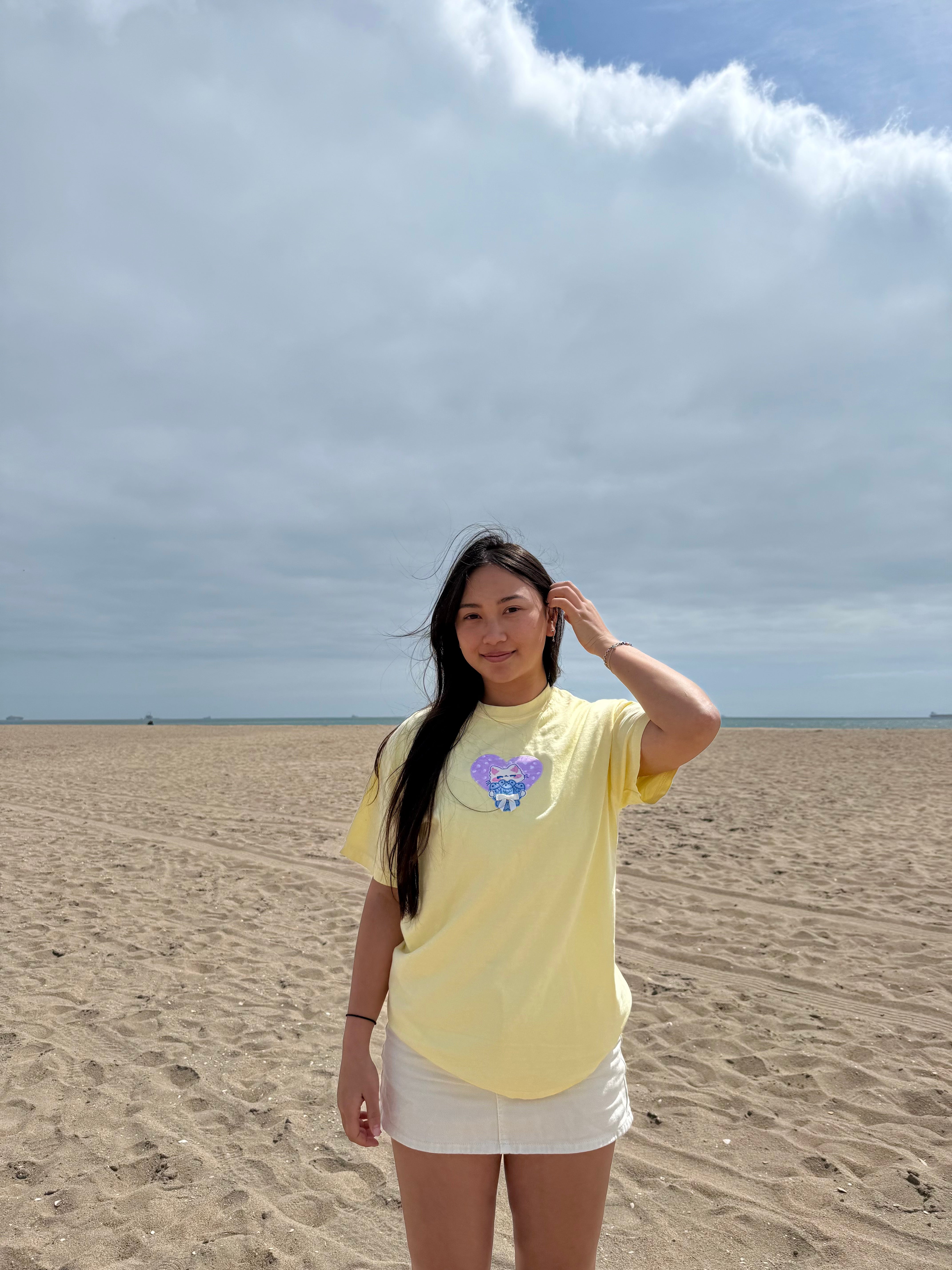Embroidered Cat Patchwork T-Shirt | Soft Pastel Yellow Summer Tee for Women | Cute Casual Top for Outings, Dates & Cat Lovers
