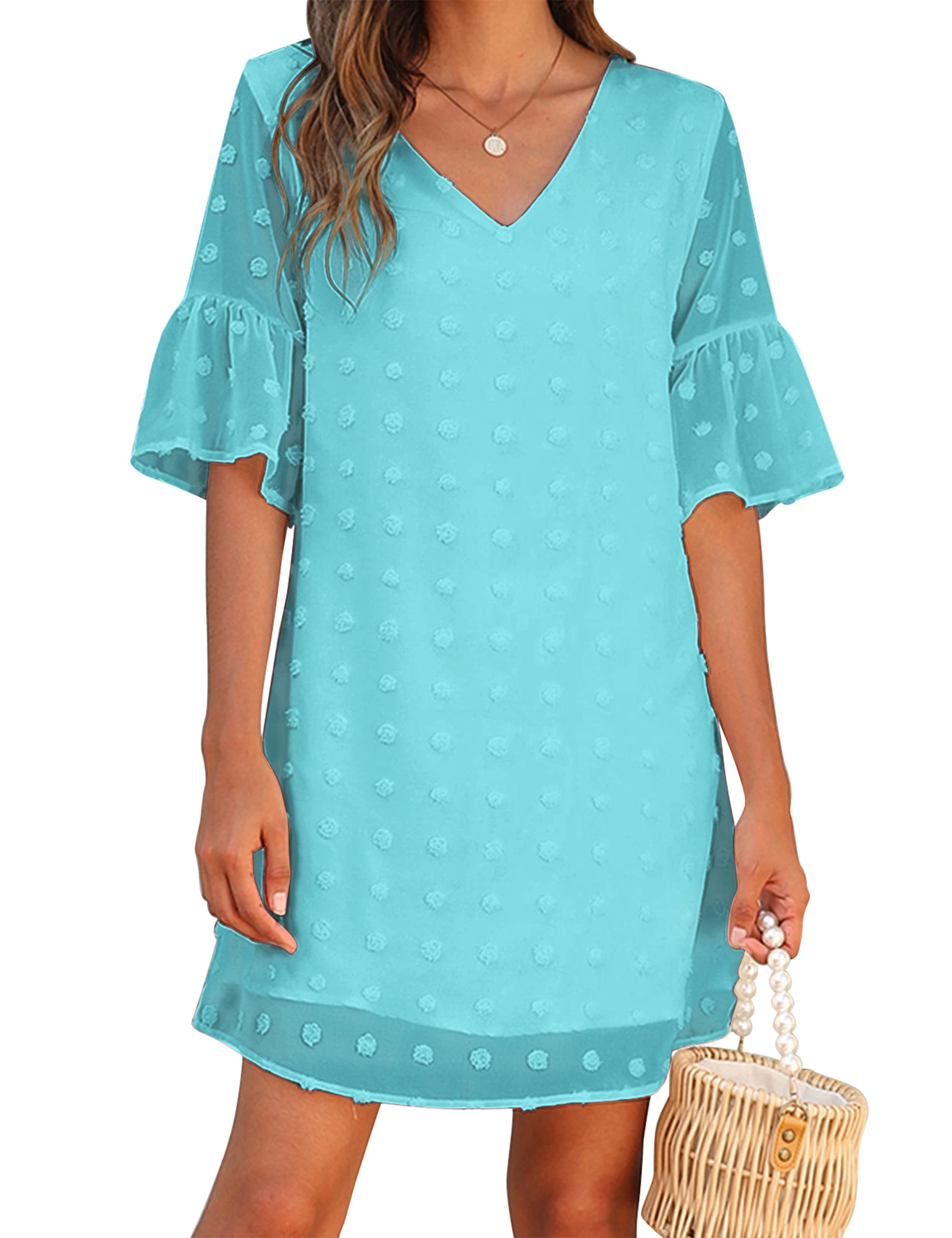 Blooming Jelly Women's White Summer Dress - Short Sleeve V-Neck Ruffle Chiffon Flowy Shift Mini Dress for Beach, Party & Casual Wear