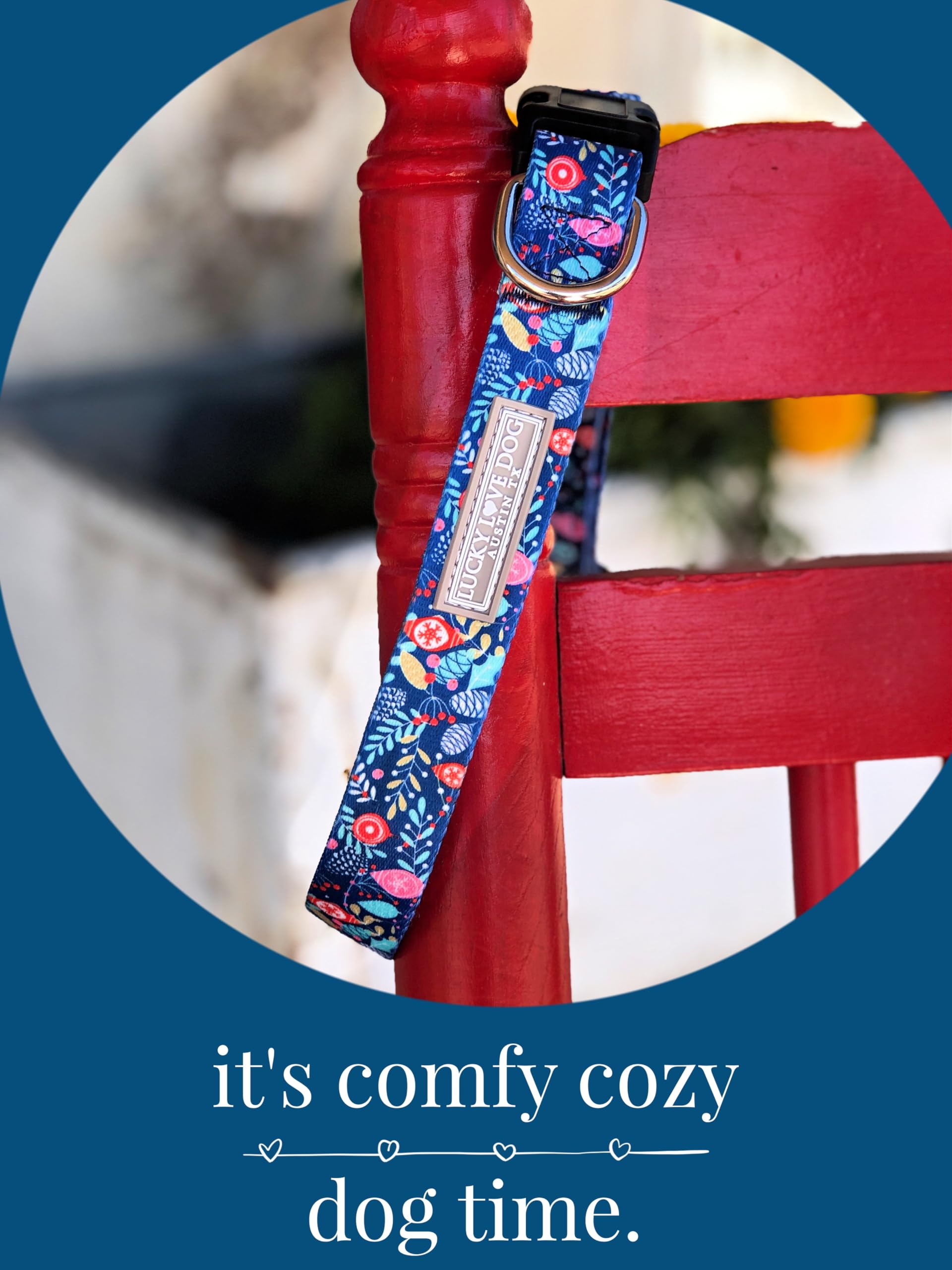Blue Winter Pinecones Dog Collar with Lucky Love Charm - Festive Holiday Pet Accessory for Small, Medium & Large Dogs | Perfect for Christmas Photos, Winter Walks & Seasonal Celebrations