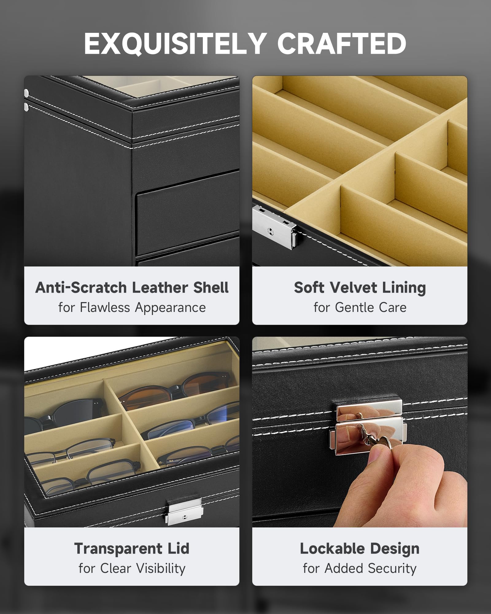 CO-Z Premium Leather Sunglasses Organizer & Eyeglasses Storage Box - Lockable Sunglass Display Case with Drawer for Women & Men - Perfect for Home, Office, Travel and Gift Giving