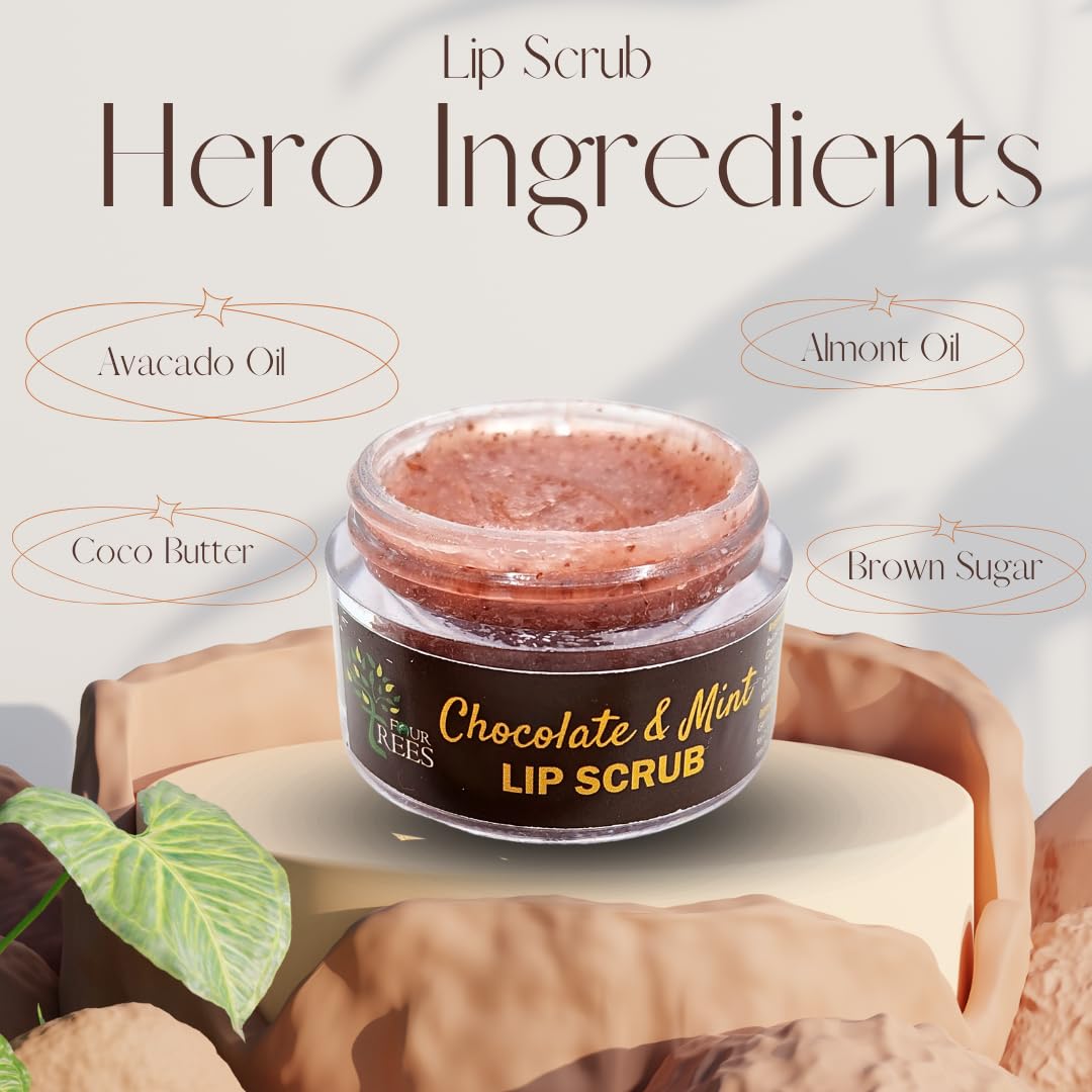 Four Trees Chocolate & Mint Lip Scrub - Natural Exfoliator for Dark Lips to Pink | Moisturizing & Softening Lip Care for Men & Women | Perfect for Dry, Chapped Lips & Pre-Makeup Prep