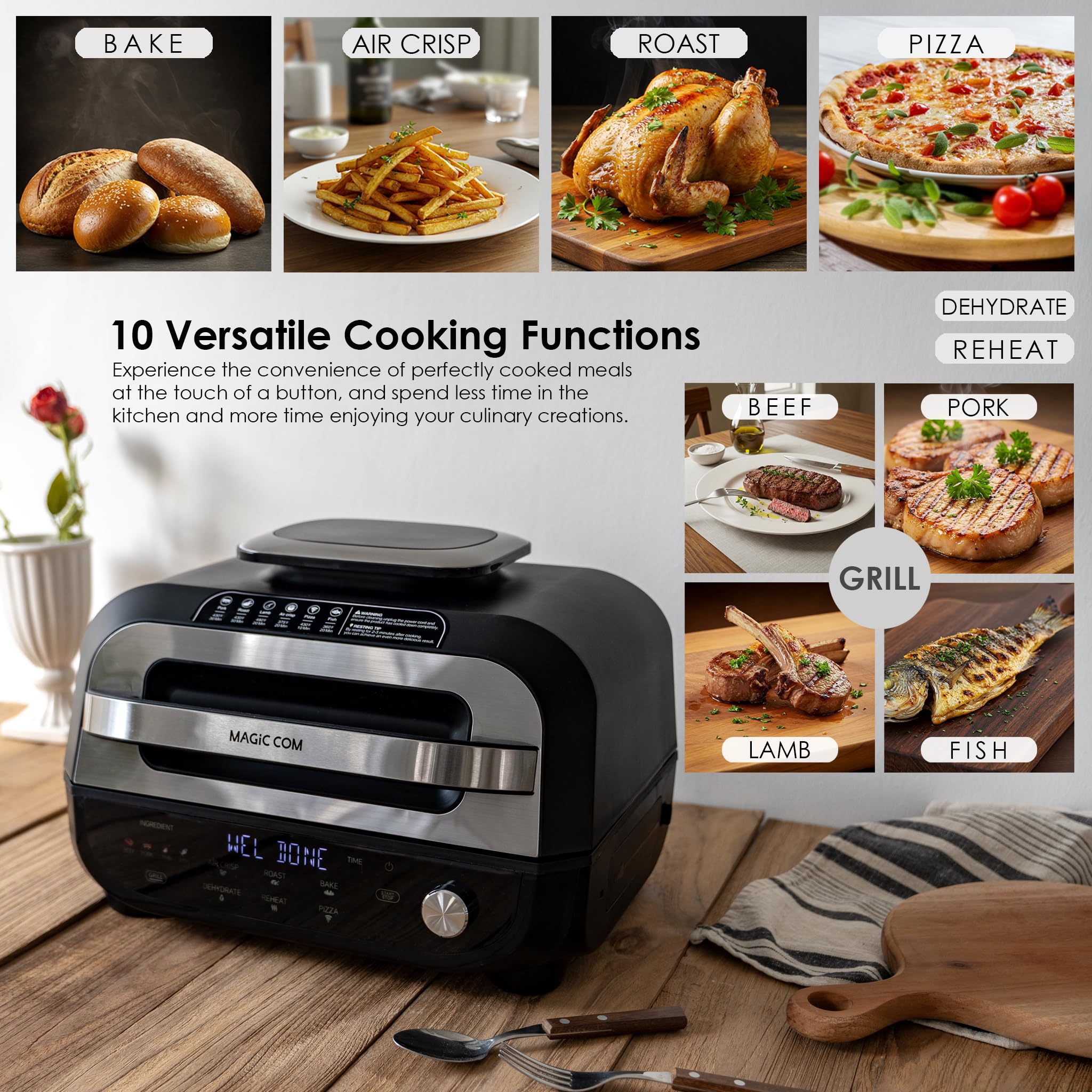 MAGiC COM 7-in-1 Indoor Electric Grill & Air Fryer - Smart Grill with Steak, Roast, Bake, Air Crisp, Dehydrate, Pizza & Reheat Functions | Non-Stick, Dishwasher Safe & Smart Thermometer Included | Perfect for Healthy Cooking, Family Dinners & Quick Meals (Black)