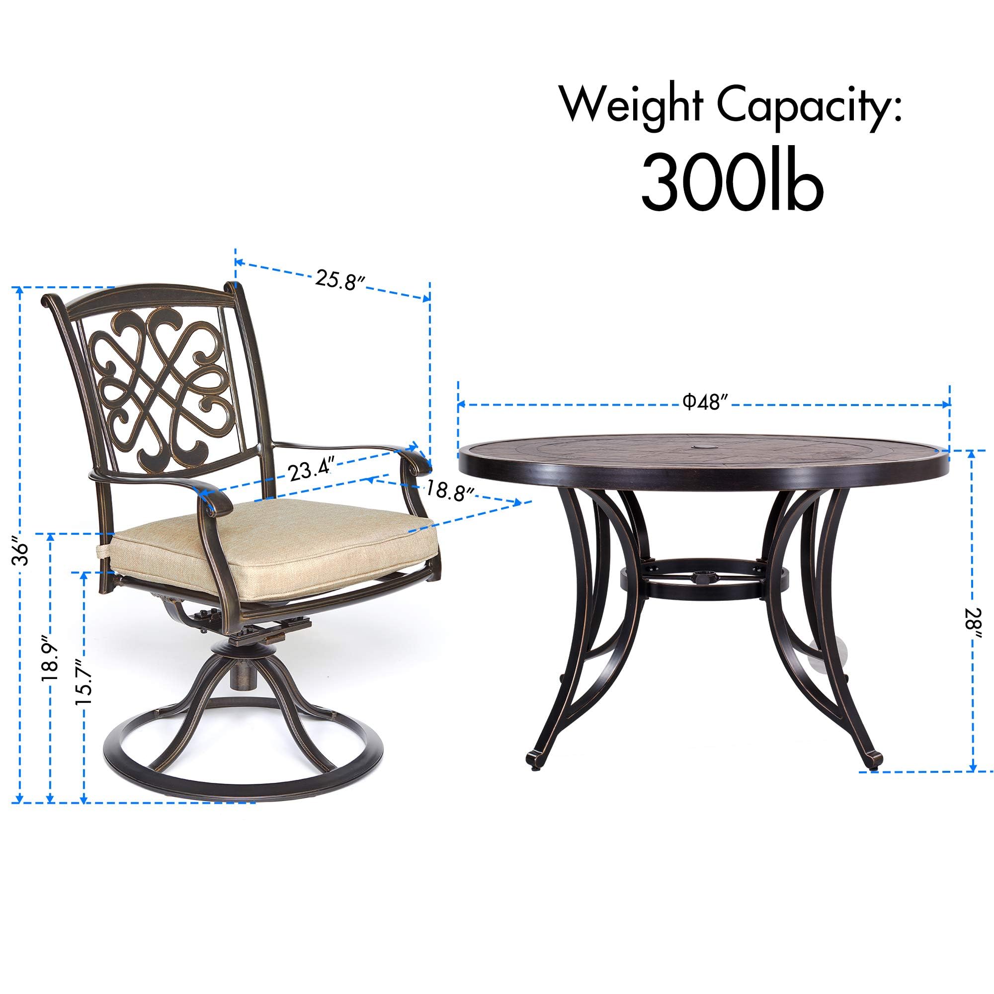 5-Piece Aluminum Outdoor Dining Set with 4 Cushioned Swivel Rocker Chairs & 48