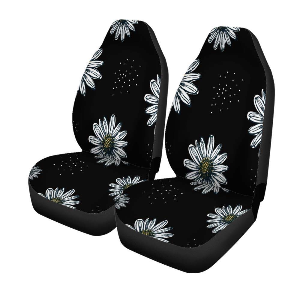 Universal Car Seat Covers Set of 2 - Yellow Daisy Flower & Black Chamomile Pattern - Auto Accessories Protectors for Cars, Trucks & SUVs | Perfect for Road Trips, Daily Commutes & Interior Decor