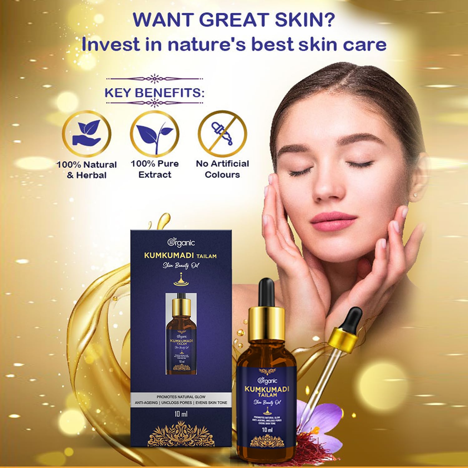 Organic Kumkumadi Oil 10ml - 360° Skin Nourishment for Glowing Complexion | Perfect for Nighttime Skincare & Anti-Aging Routine