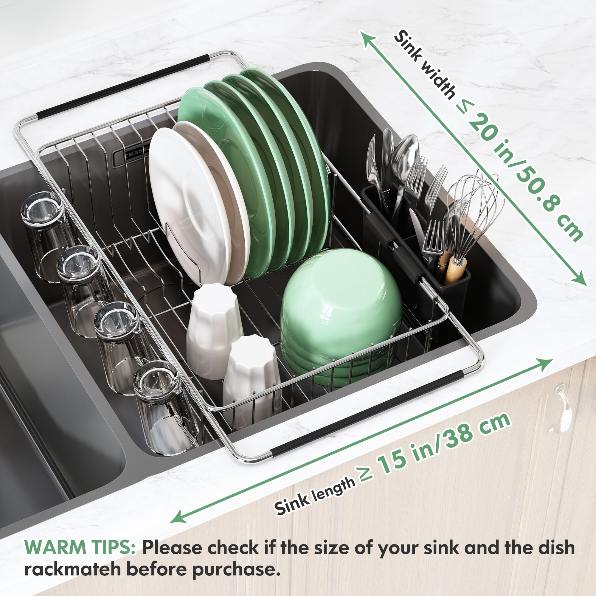 MAJALiS Stainless Steel Over The Sink Dish Drying Rack with Utensil Holder - Compact Space Saving Kitchen Sink Drainer, Silver | Perfect for Small Apartments, RVs & Countertop Organization