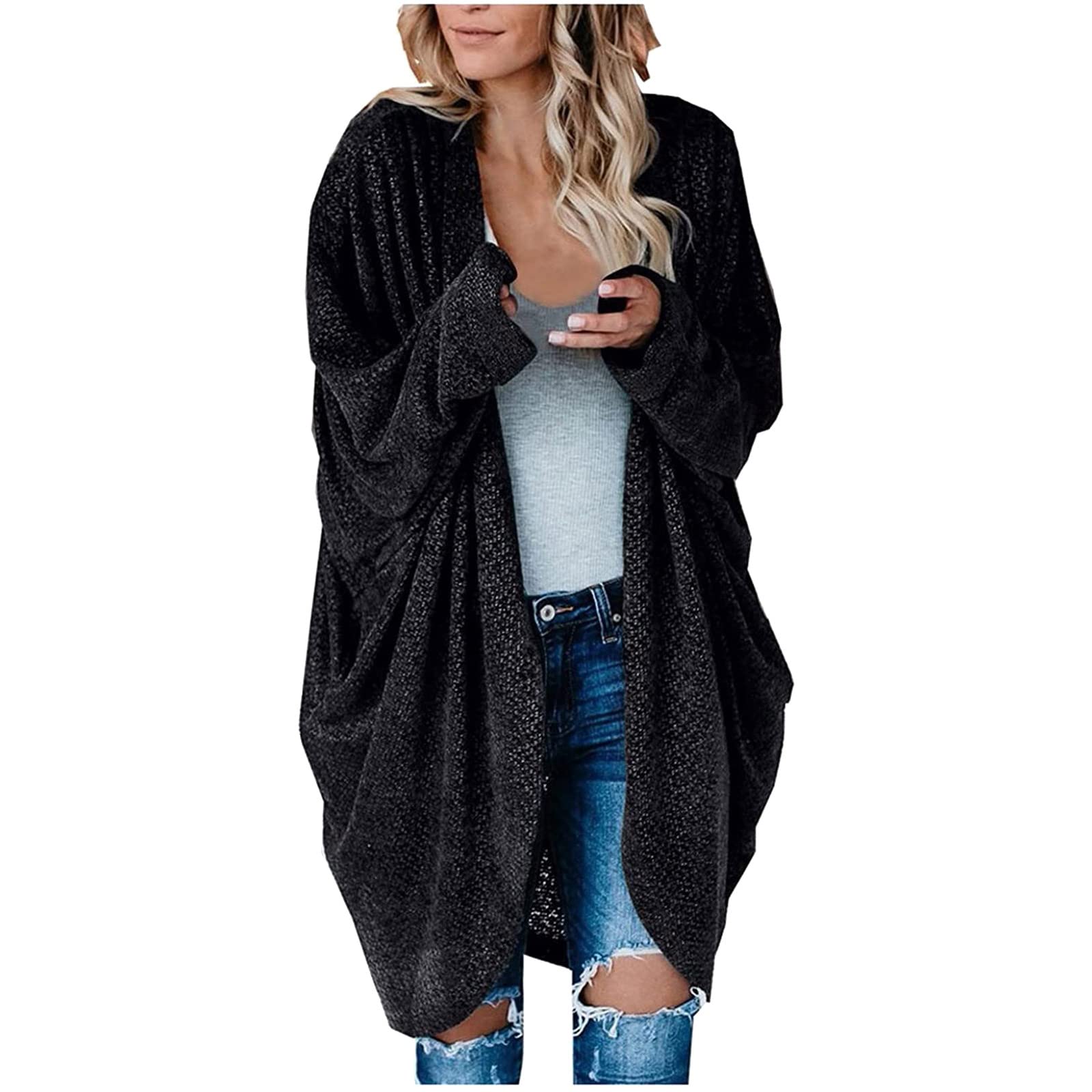 Women's Christmas Print Long Cardigan - Plus Size Knit Sweater for Work & Holiday Parties - Cozy Winter Office Wear & Festive Outfit (Black)