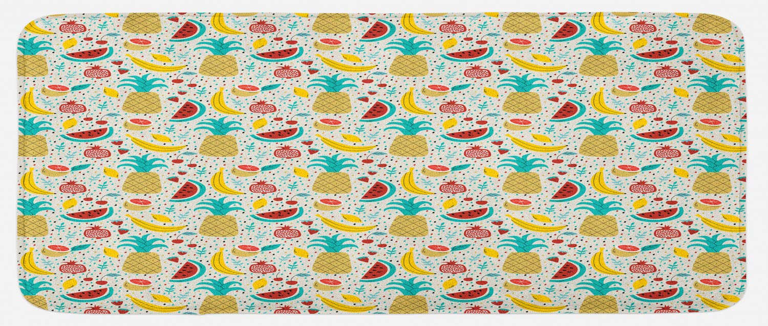 Ambesonne Non-Slip Kitchen Mat - Fruits Design (Banana, Pomegranate, Pineapple, Watermelon, Lemon) - 47x19 Inch Plush Decorative Rug for Kitchen, Cafe, Dining Room - Waterproof & Anti-Fatigue Floor Mat for Cooking, Baking & Food Prep Areas