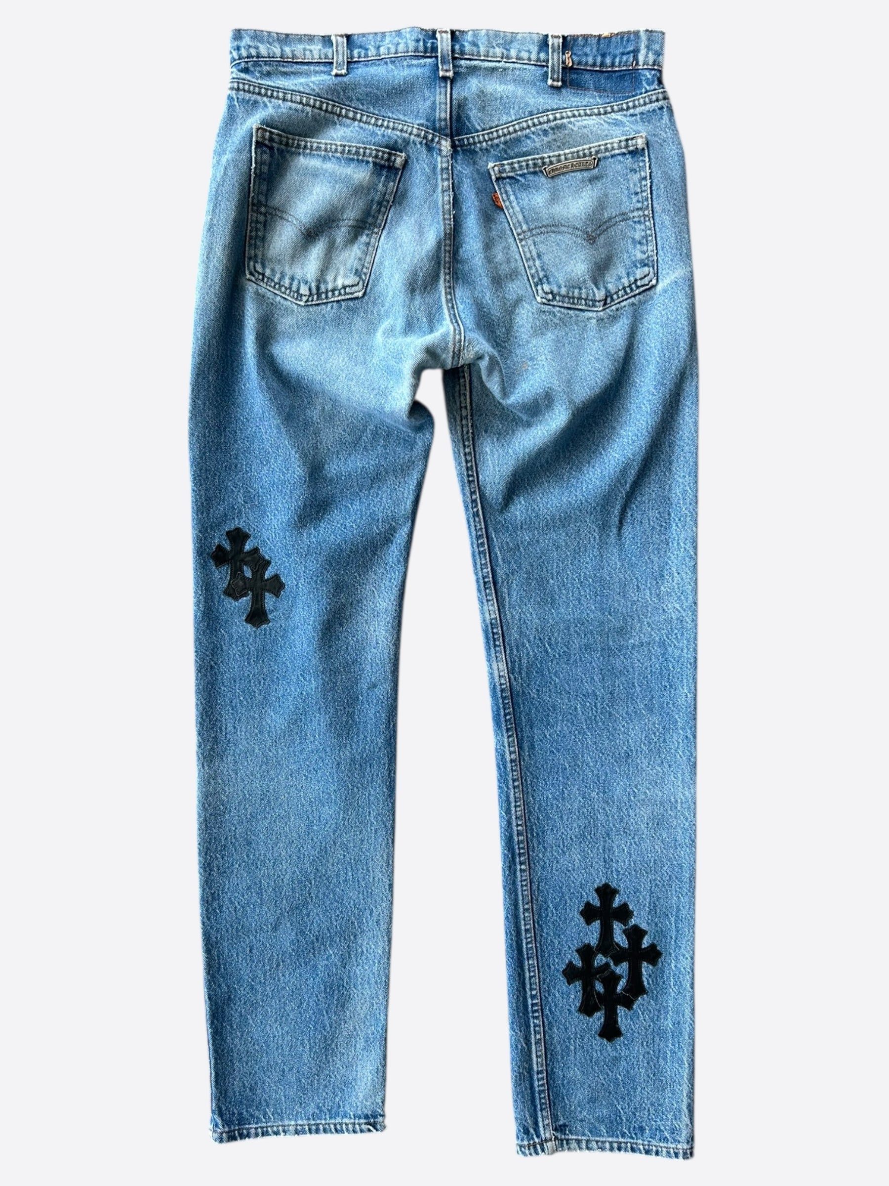 Chrome Hearts x Levi's Blue & Black Cross Patch Denim Jeans for Men - Stylish Vintage Streetwear for Casual Outfits & Night Out Looks