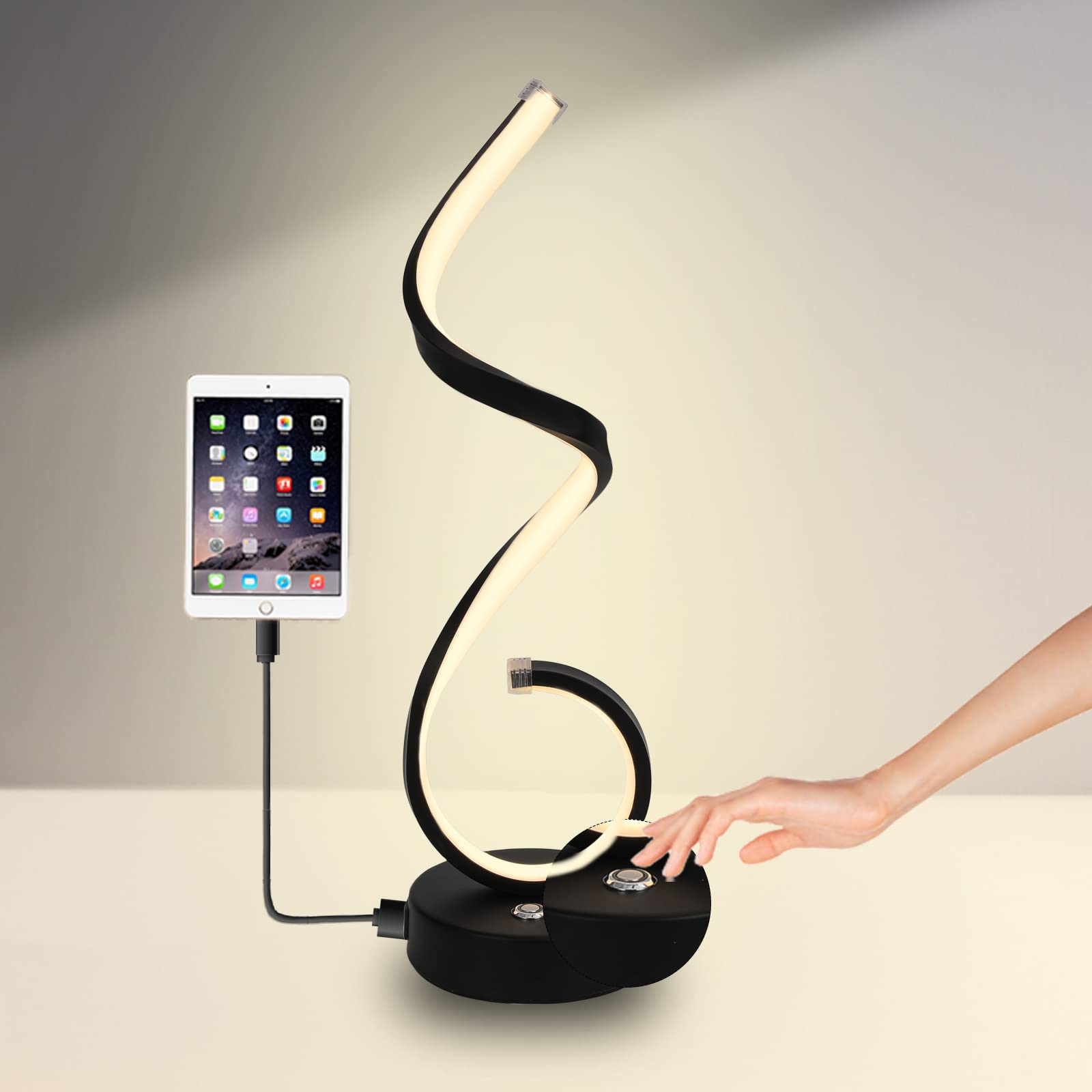 LED Desk Lamp with Touch Control - 3 Color Dimmable Spiral Table Light for Bedroom, Office & Study (22W, Black) | Perfect for Night Reading, Working & Home Decor