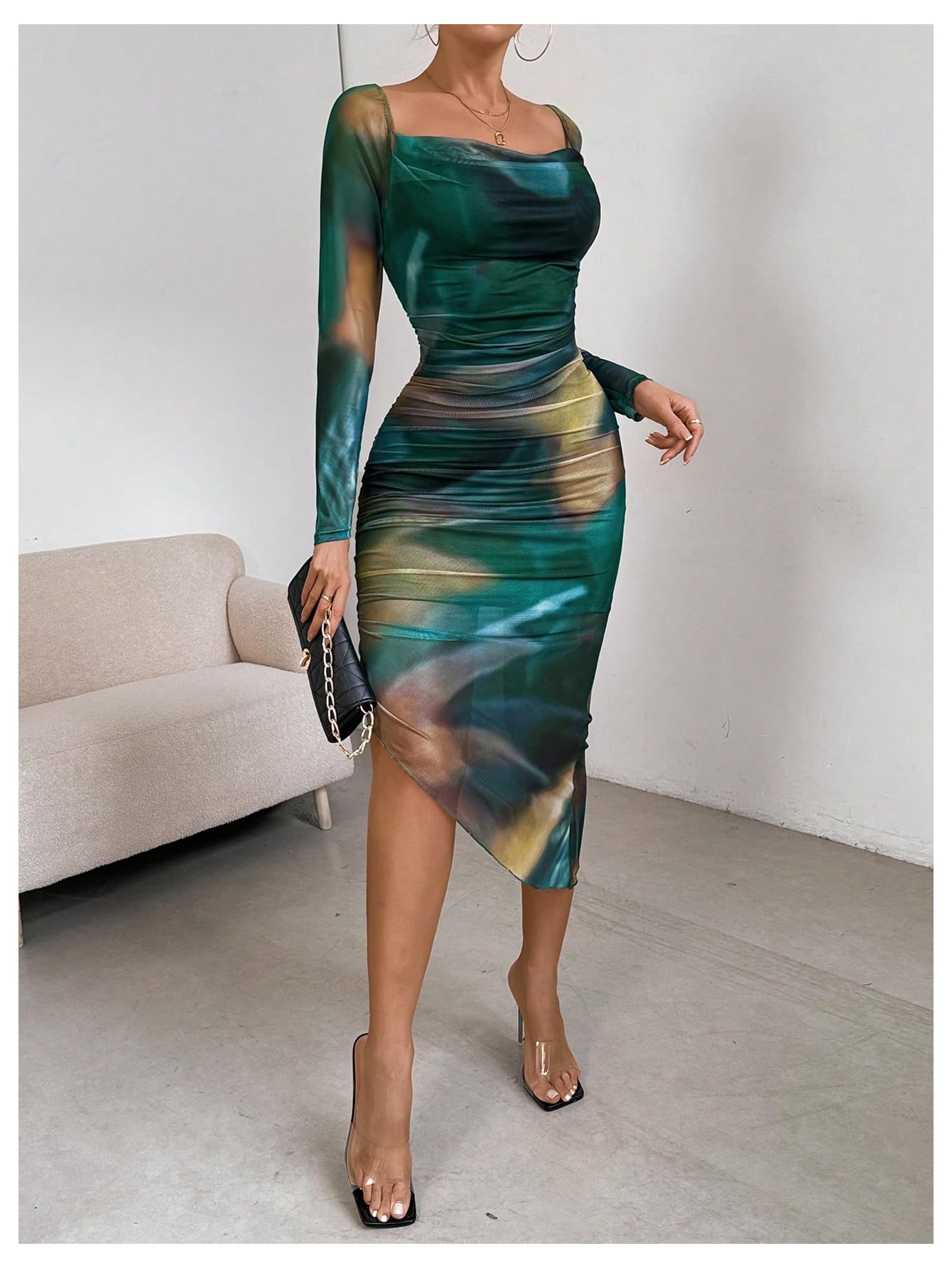 Floerns Women's Tie Dye Long Sleeve Cowl Neck Ruched Bodycon Midi Dress for Cocktail Party, Date Night & Special Occasions