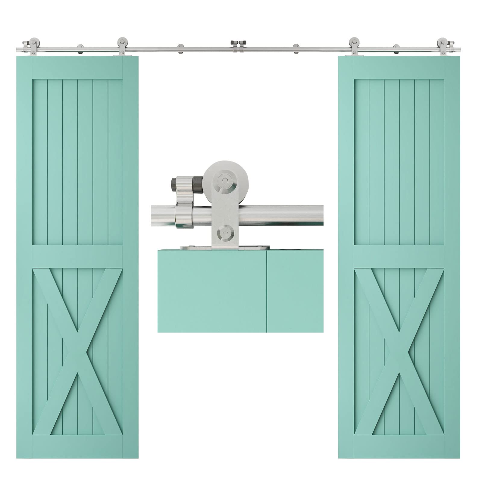 TSMST 5FT Heavy Duty Stainless Steel Sliding Barn Door Hardware Kit - Top Mount T-Style Track for Double Wood Doors | Smooth & Quiet Operation | Perfect for Bedrooms, Closets, and Farmhouse Style Homes