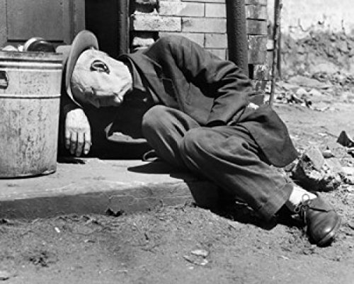 Homeless Senior Man Sleeping Near Garbage Can - 18x24 Inch Wall Art Poster Print for Home Decor, Office & Social Awareness Displays