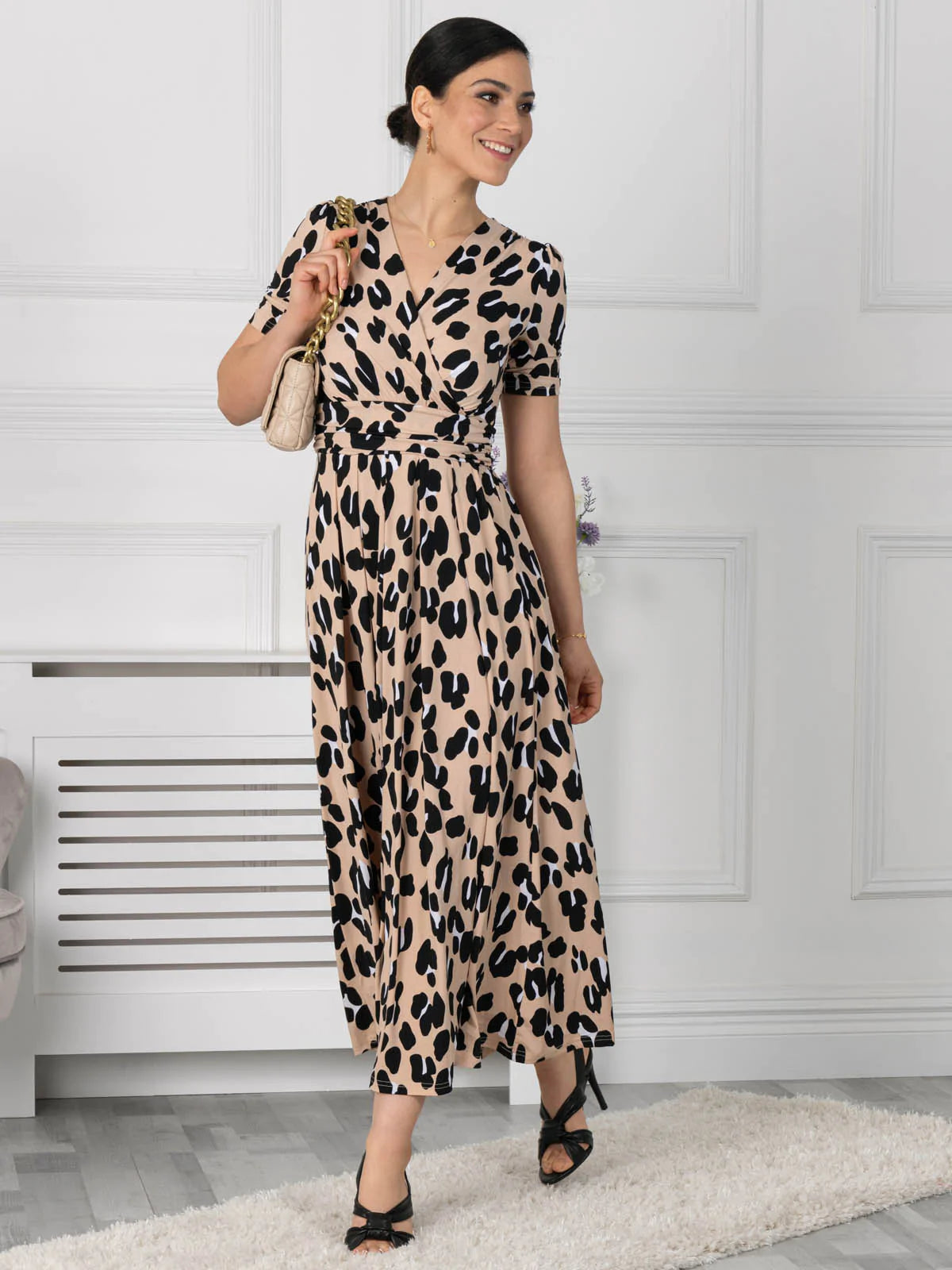 Kiera Wrap Front Maxi Dress in Camel Animal Print - Flowy Boho Summer Dress for Beach Vacation, Date Night & Casual Outings
