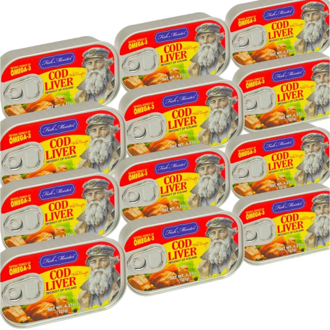 Premium Wild Caught Cod Liver Canned in Oil - Rich in Omega-3 Fatty Acids for Heart & Brain Health - Gourmet Spreads, Salads & Keto Recipes - 12 Pack - Perfect for Healthy Snacking & Fine Dining