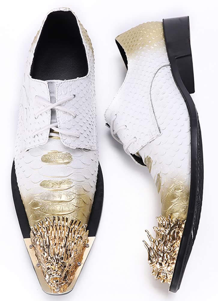 Santimon Men's Dragon Metal Pointed Toe Slip-on Dress Shoes | Formal Oxford Business Derby with Snake Print | Perfect for Office, Wedding & Special Occasions