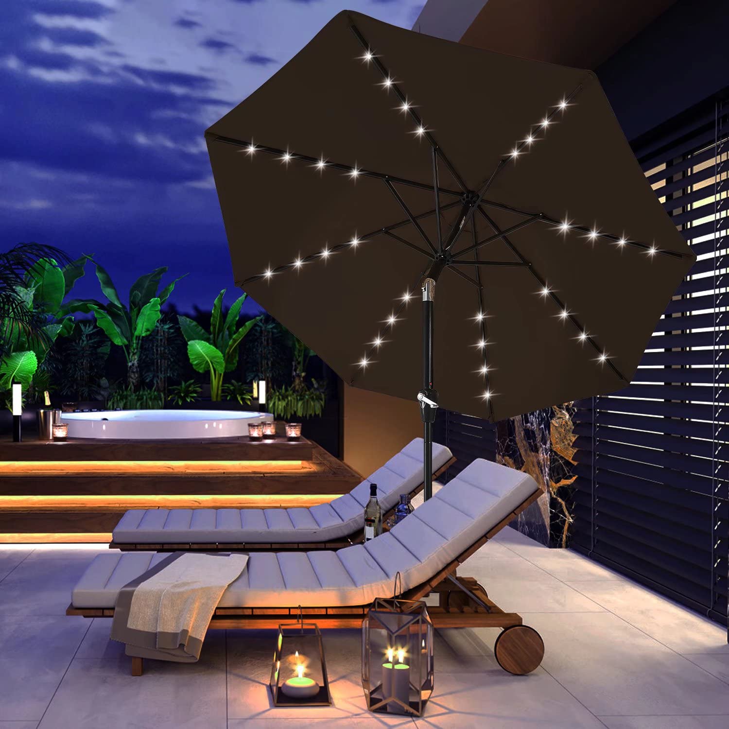 Durable 9FT Solar LED Patio Umbrella with 32 Lights - Brown Outdoor Canopy for Garden, Poolside & Backyard Relaxation