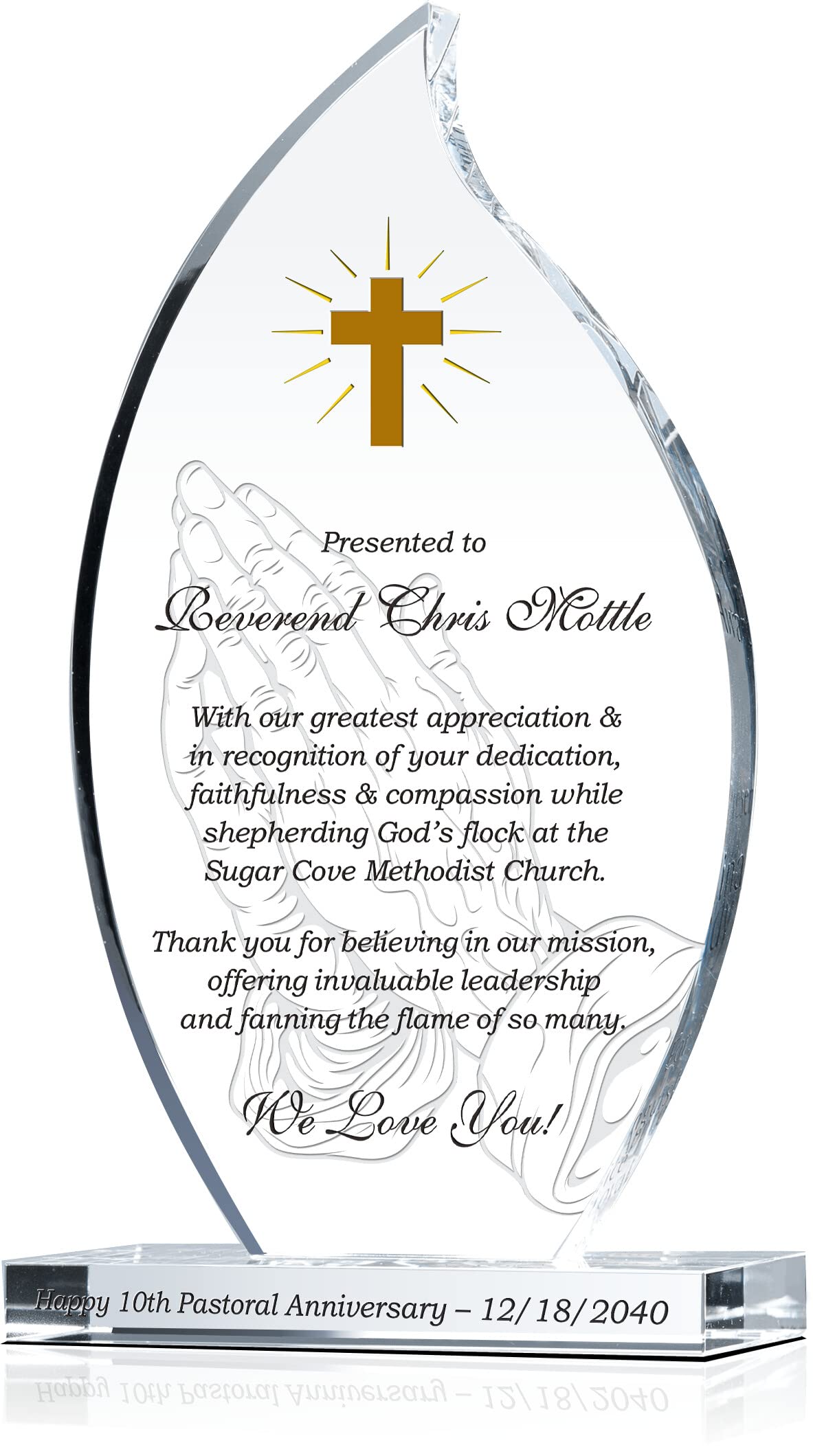 Custom Engraved Crystal Flame Pastor Appreciation Gift Plaque with Praying Hands - Personalized Pastoral Anniversary Present - 9 Inch Unique Minister Gift for Church Celebrations & Ordination Ceremonies