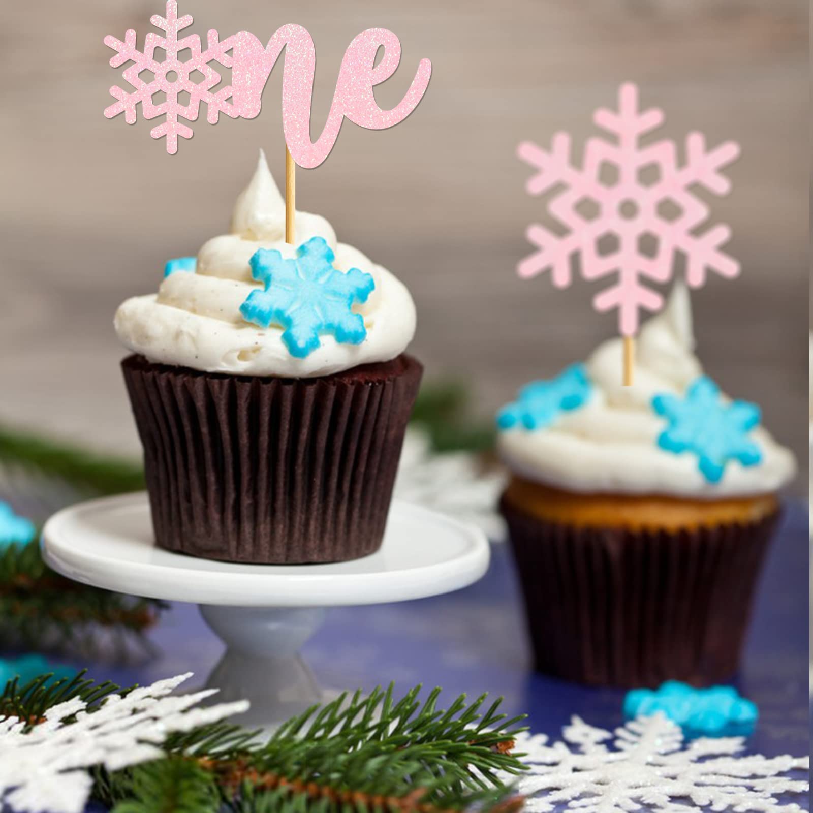 24 Pcs Glitter Pink Snowflake Cupcake Toppers for 1st Birthday Party Decorations - Perfect for Onederland Theme, Baby Girl's First Birthday Cake Decor, Christmas & Winter Celebrations