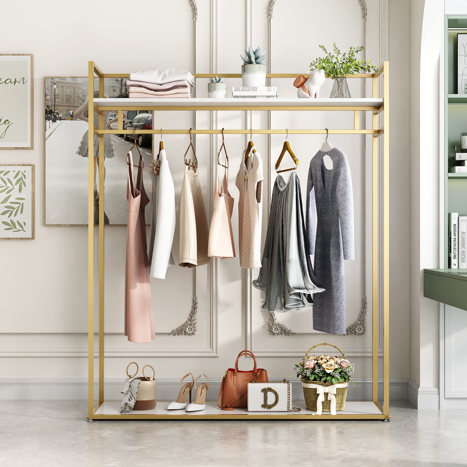 Heavy Duty Clothing Rack with Shelves - 59 Inch Gold Metal Freestanding Garment Rack for Hanging Clothes, Retail Display & Boutique Organization - Perfect for Stores, Closets & Home Use