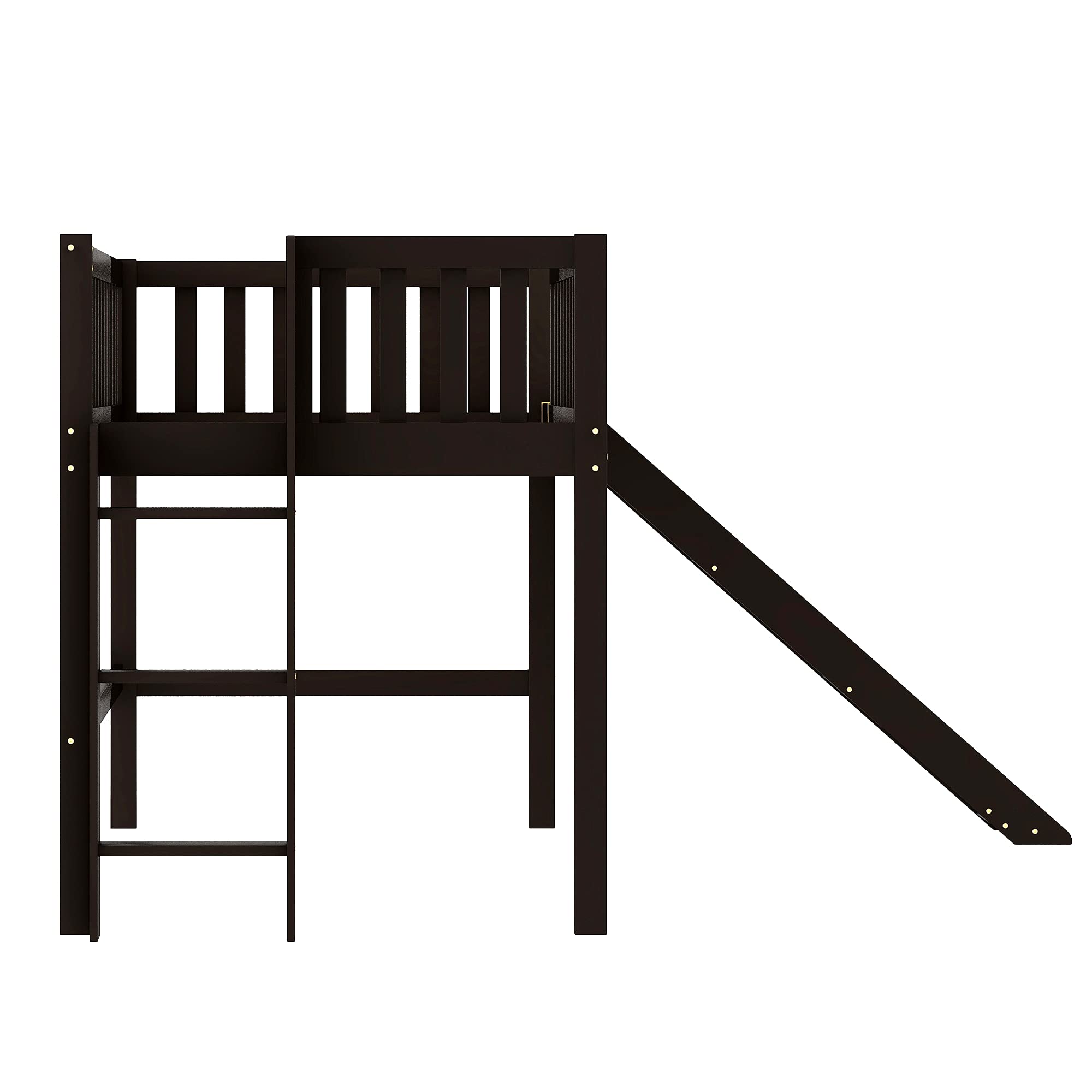 Twin Size Low Loft Bed with Ladder and Slide - Solid Wood Loft Bed Frame for Kids, Teens & Toddlers - Low Profile Mini Loft Bed with Safety Rails (Espresso & Pine Wood) - Perfect for Small Bedrooms, Playrooms & Dorm Rooms