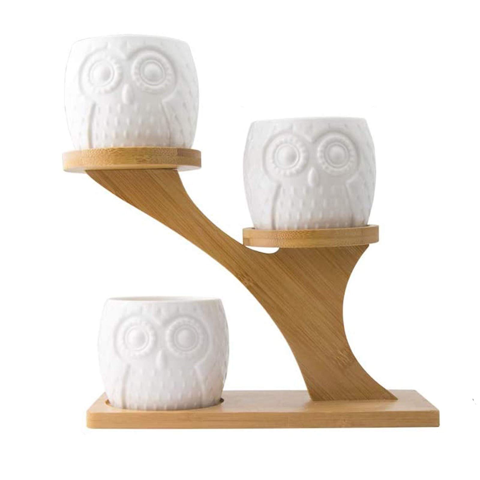 BosDarm 2 Inch White Ceramic Plant Pots with Bamboo Stand - Small Owl Decorated Hanging Planter for Succulents, Herbs & Indoor Plants - Perfect for Home, Office & Garden Decor