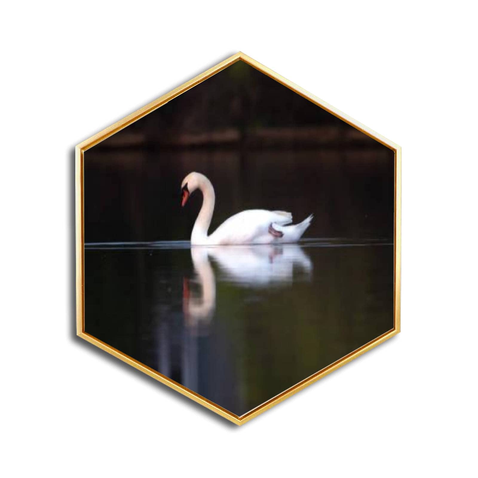 Golden Framed Canvas Wall Art - Swans on Calm Morning Lake Giclee Print | Minimalist Modern Hexagon Wall Decor for Home & Office | Ready to Hang | Perfect for Living Room, Bedroom or Workspace
