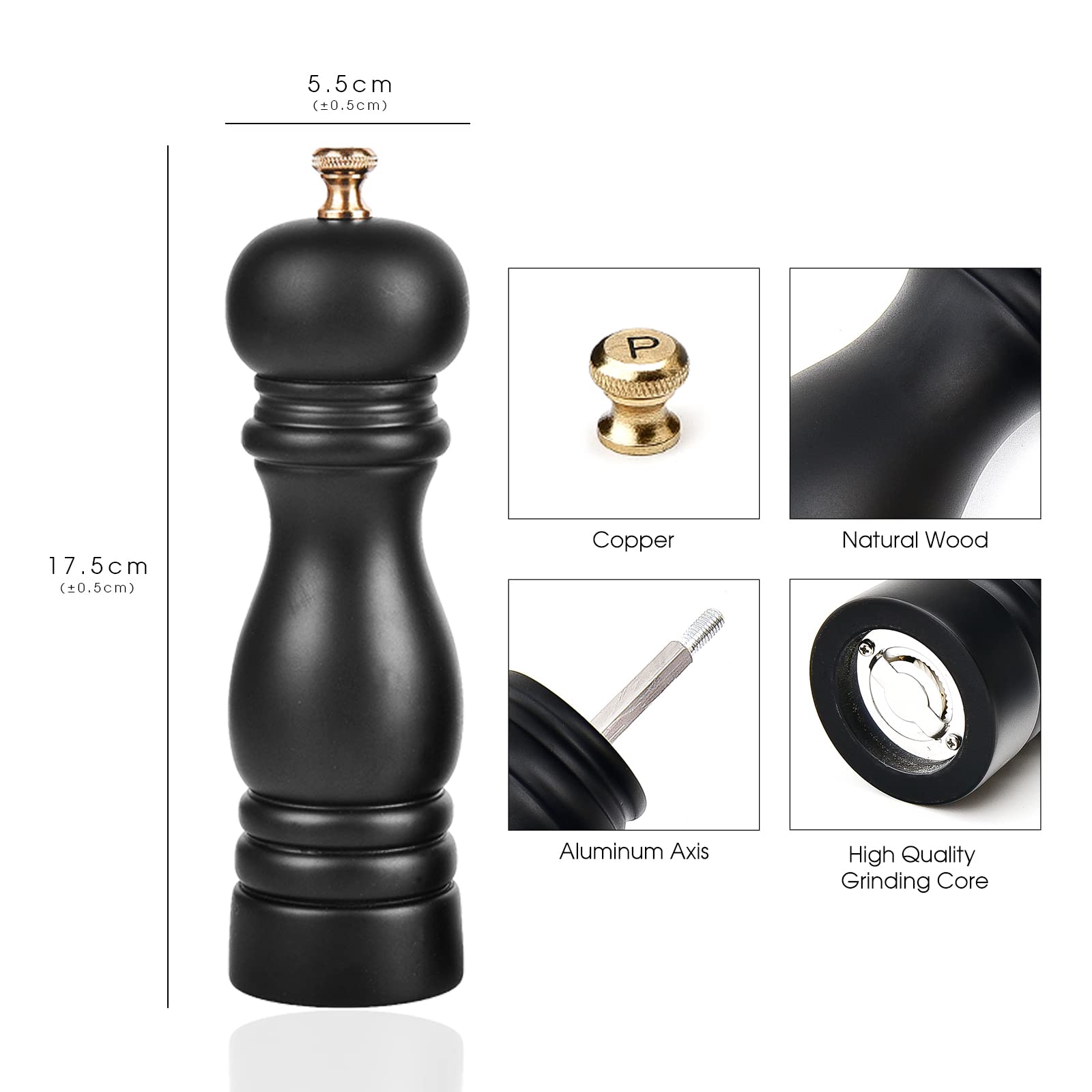 Premium BILL.F 7 Inch Wooden Salt and Pepper Grinder Set - Adjustable Ceramic Rotor, Easy Refill, 2-Piece Shakers for Gourmet Cooking & Fine Dining