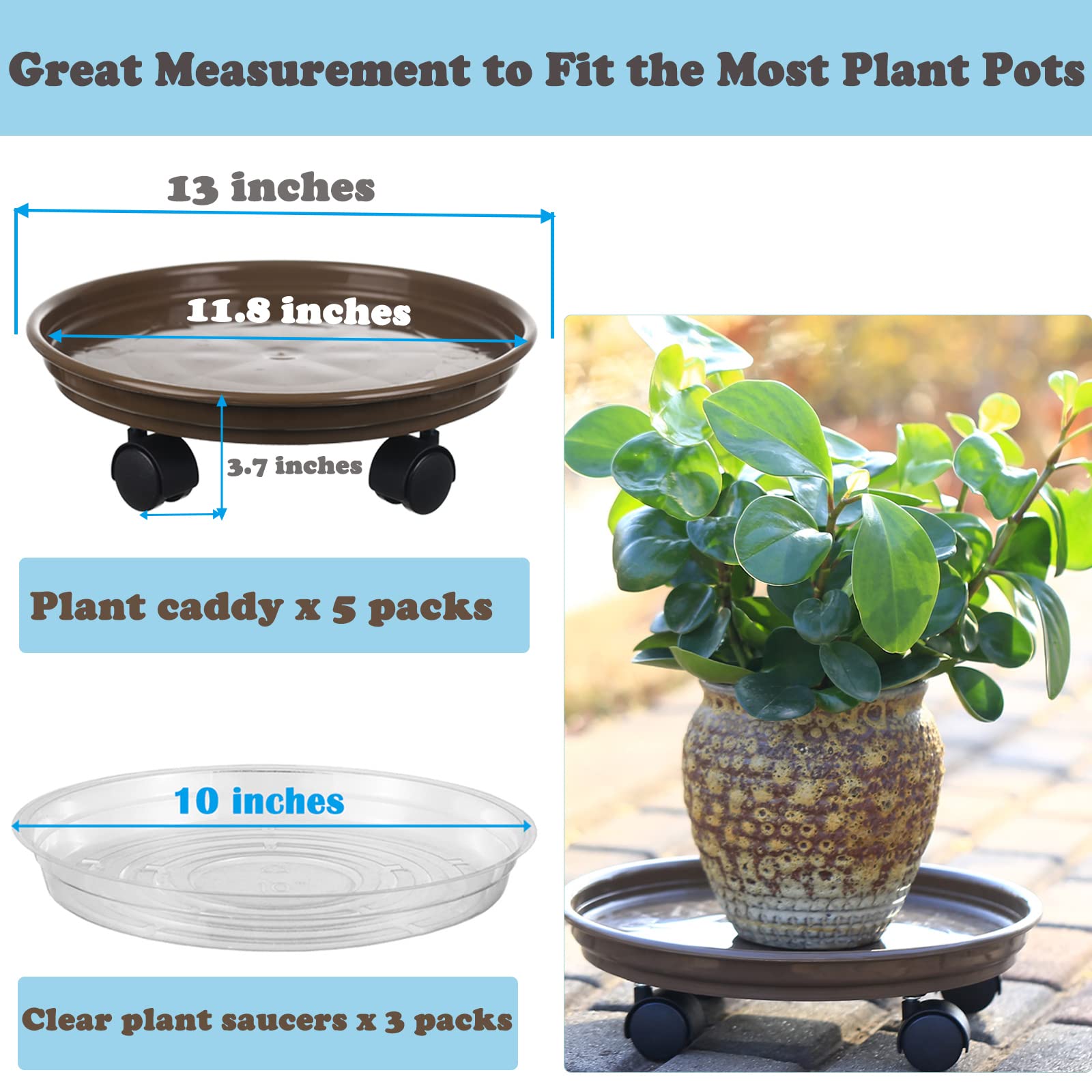 Circloophs 5-Pack Heavy Duty 12-Inch Rolling Plant Caddy with 360° Swivel Casters - Plant Dolly Wheels for Moving Large Potted Plants Indoors & Outdoors (Coffee Brown) - Perfect for Living Room Decor, Garden Planters, and Office Plant Mobility