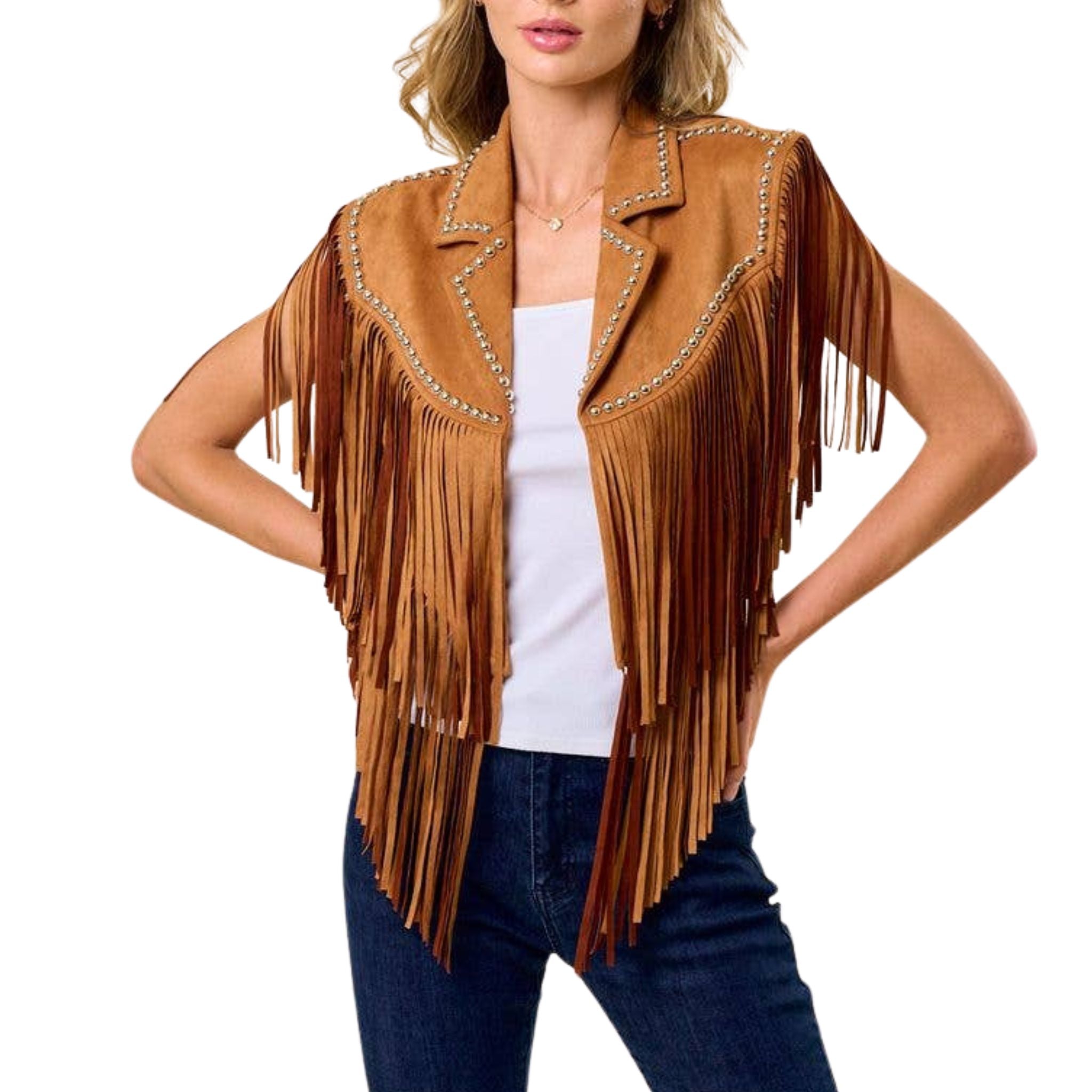 Camel Studded Fringe Shrug - Boho Chic Leather Jacket for Women | Perfect for Music Festivals & Night Out