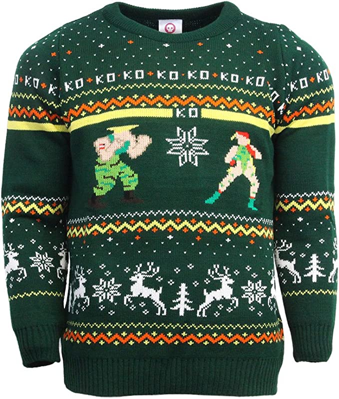 Street Fighter Guile vs Cammy Ugly Christmas Sweater - XS Size | Video Game Holiday Jumper for Cosplay & Christmas Parties