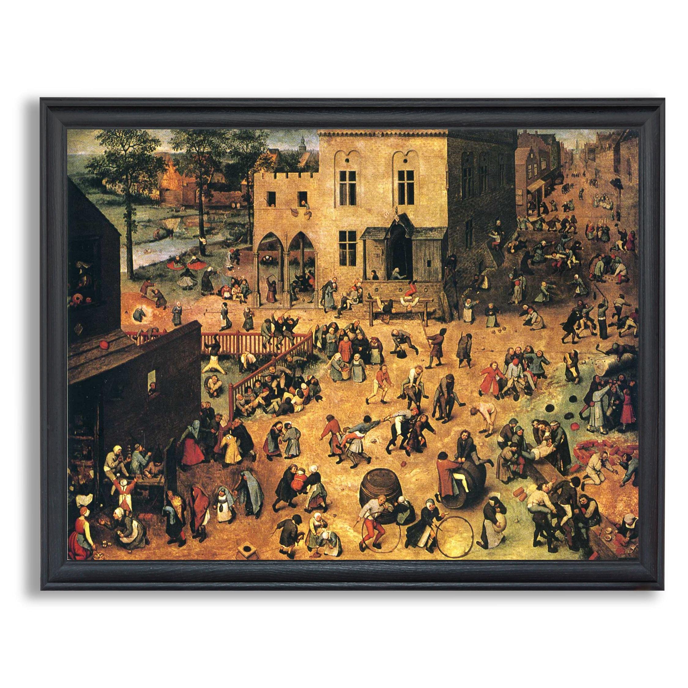 Pieter Bruegel Children's Games Framed Canvas Wall Art - High Quality Fine Art Reproduction Painting in Wood Frame - Perfect for Home, Office, Bedroom & Living Room Decor - Ideal Gift for Art Lovers & Wall Decoration