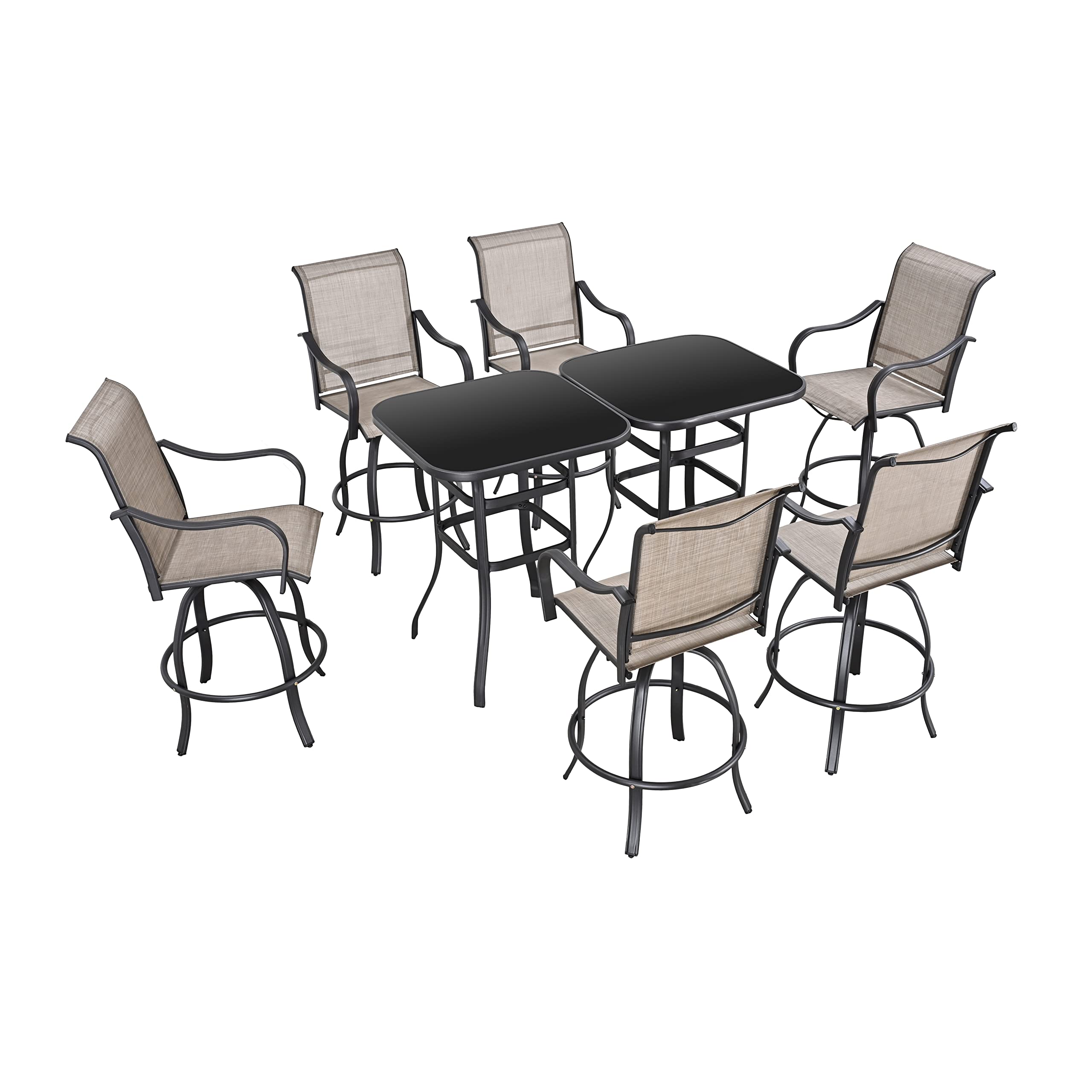 8-Piece Bar Patio Dining Set - 360° Swivel Bar Stools & Square Table with Tempered Glass Top - Outdoor Bistro Furniture for Garden, Deck, Poolside (Taupe)