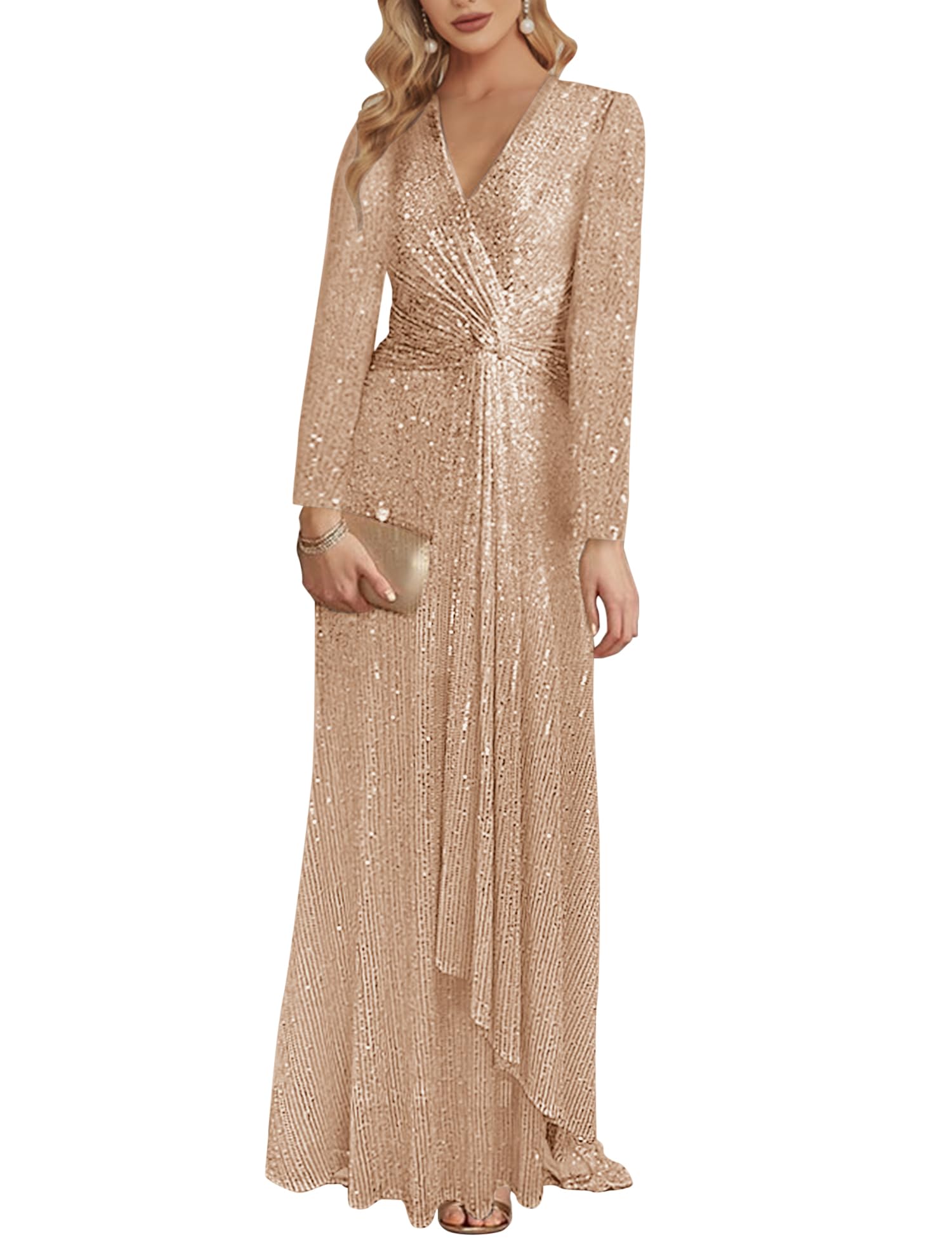 Elegant Long Sleeve Sequin Evening Gown for Women - Sparkly V-Neck Formal Maxi Dress for Prom, Wedding & Special Occasions