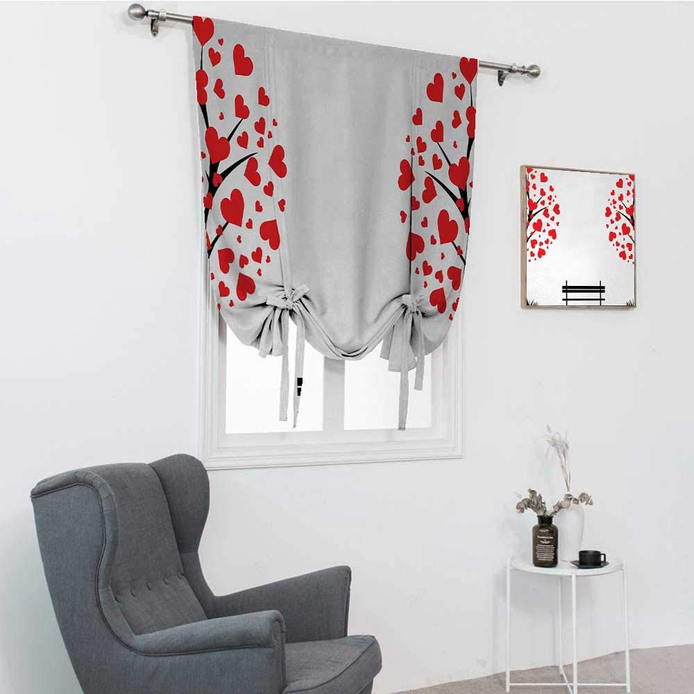 Tree of Life Window Curtains - Romantic Valentine's Design with Heart-Shaped Leaves & Bench, Black Red White Tie-Up Balloon Shades (42x72 inches) - Perfect for Living Room, Bedroom & Cozy Home Decor