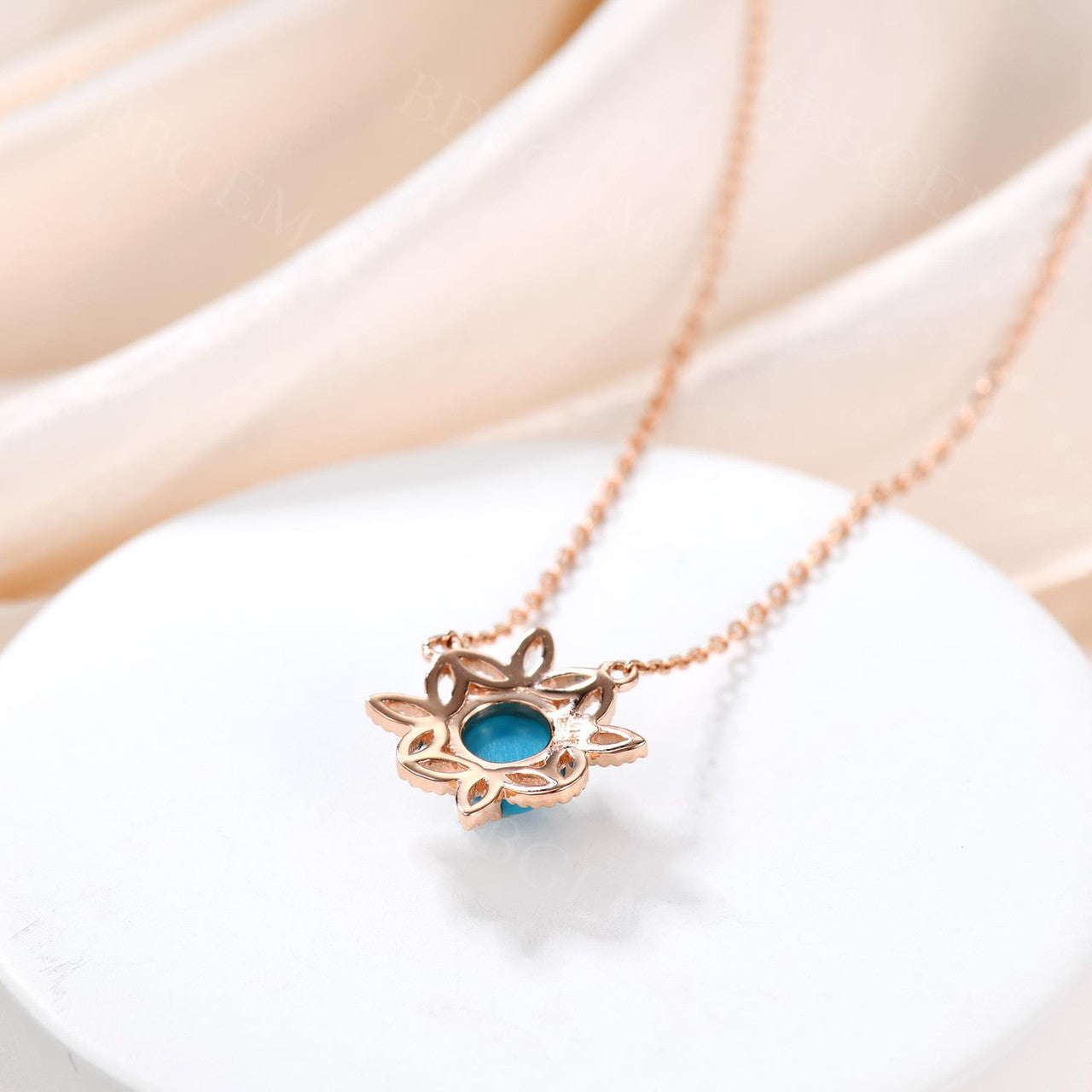 Turquoise Rose Gold Charm Necklace with Leaf Marquise Milgrain Detailing - Elegant Dainty Solitaire Pendant for Anniversary, Mother's Day Gift - Perfect for Weddings, Date Nights & Special Occasions