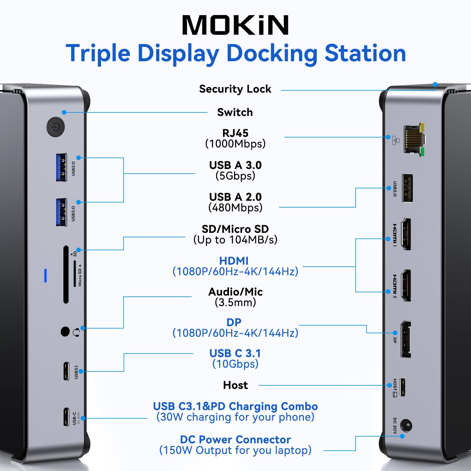 8K USB C Laptop Docking Station - 15-in-1 Triple Monitor Dock with HDMI, DisplayPort, 100W PD, 6 USB Ports, Ethernet, SD/TF Card Reader - Compatible with Dell/HP/MacBook/Lenovo - Perfect for Home Office, Gaming & Multi-Screen Workstations