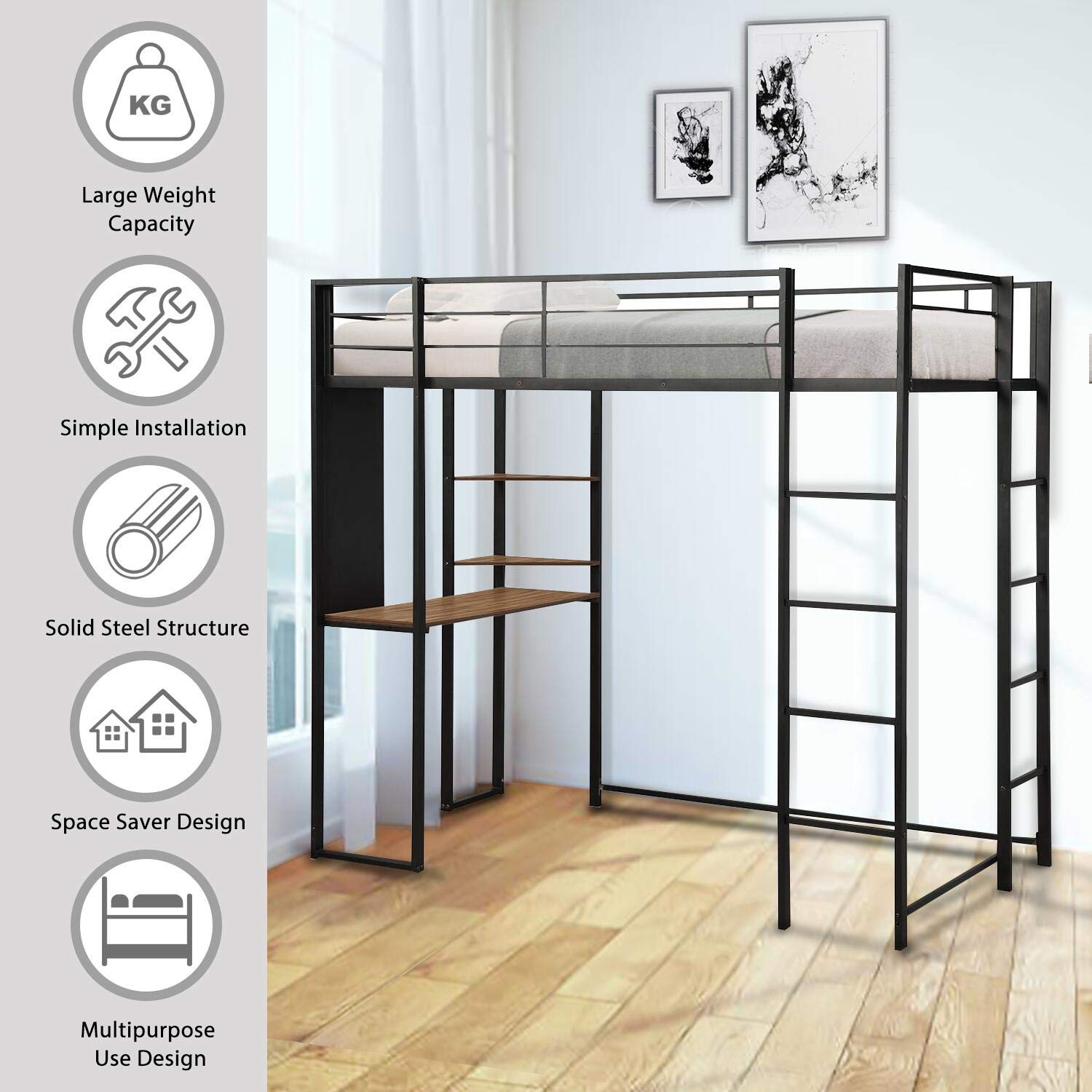 Danxee Loft Twin Bunk Bed with Shelves & Desk - Space Saving High Sleeper Bed with Full Guardrails & Dual Ladders for Kids, Teens, Dorms & Small Rooms | Perfect for Shared Bedrooms, Studio Apartments & Guest Rooms