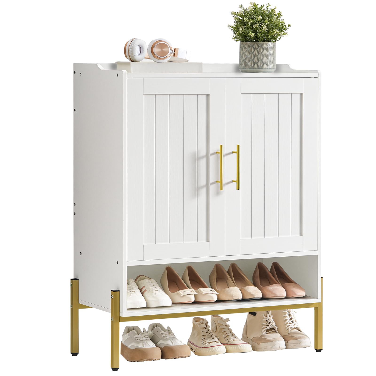 HOOBRO 5-Tier Wooden Shoe Cabinet with Doors - Freestanding Shoe Storage Organizer for Entryway & Hallway, 3 Adjustable Shelves, Gold & White (DW41SC01) - Perfect for Small Spaces, Apartment Living & Closet Organization