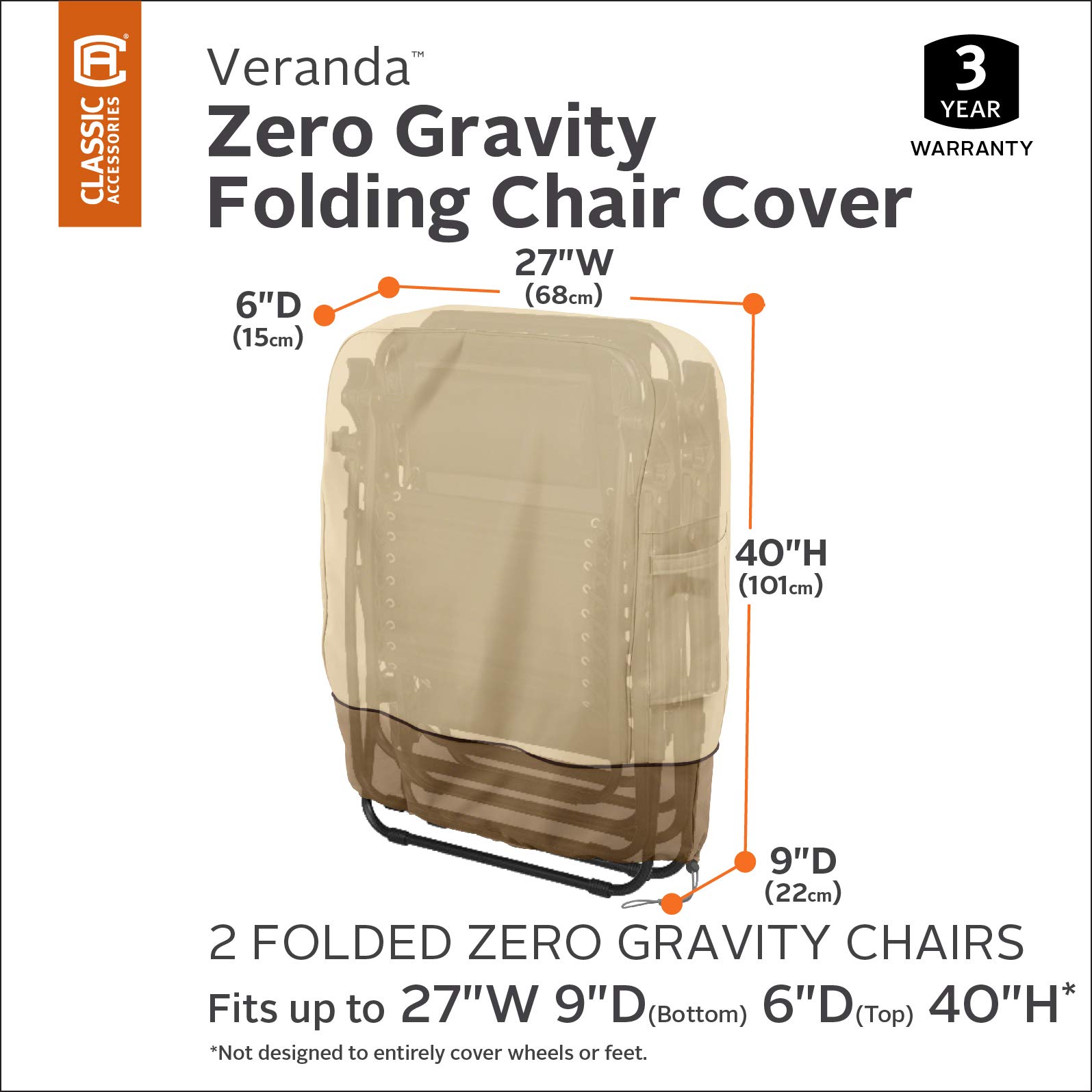 Classic Accessories Veranda 27 Inch Zero Gravity Folding Chair Cover - Water-Resistant Patio Furniture Protector for Outdoor Use, Camping, and Poolside Relaxation