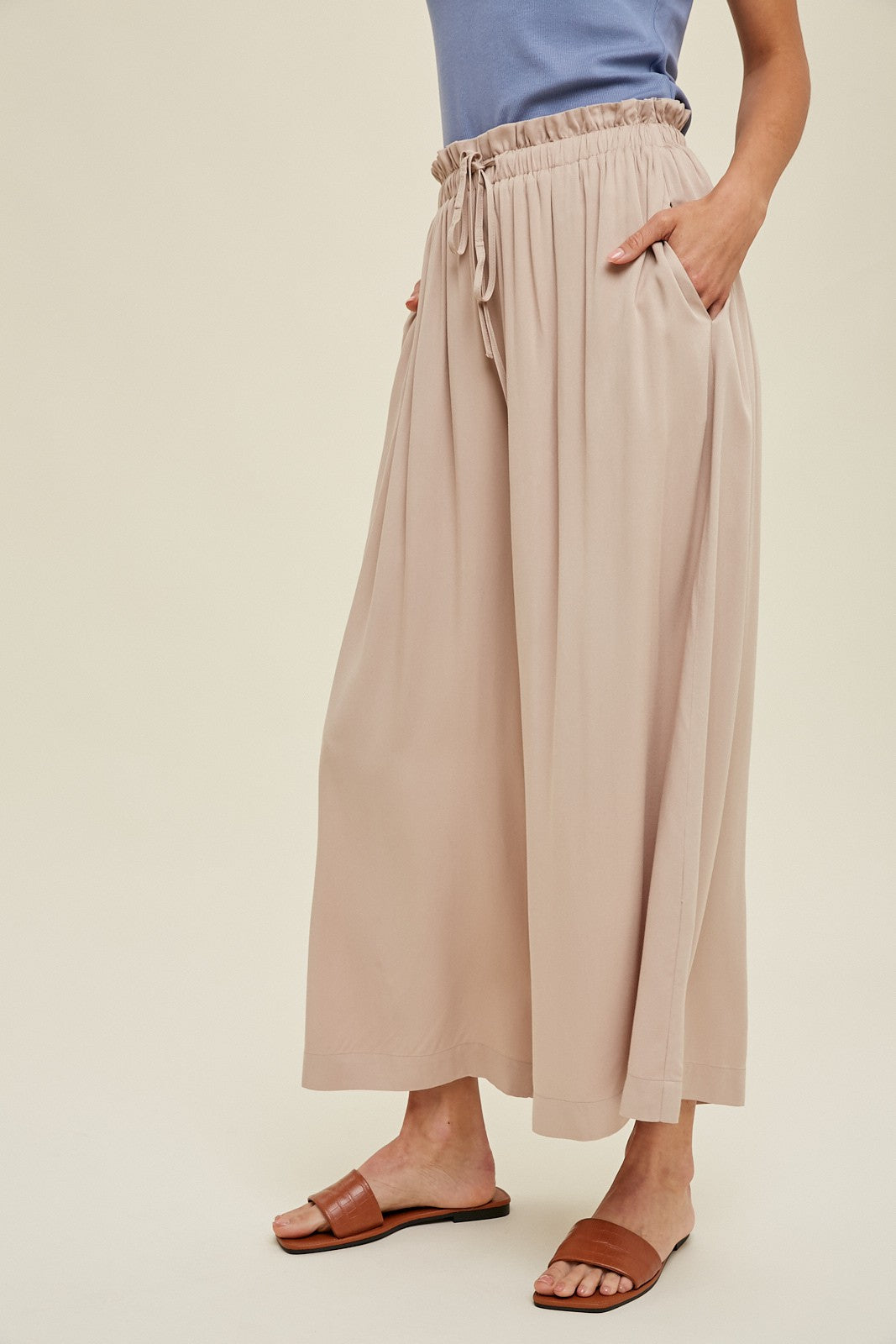 Beige Pleated Elastic Waist Wide Leg Crop Pants for Women - Comfortable High Waist Palazzo Trousers for Casual, Office & Travel Outfits
