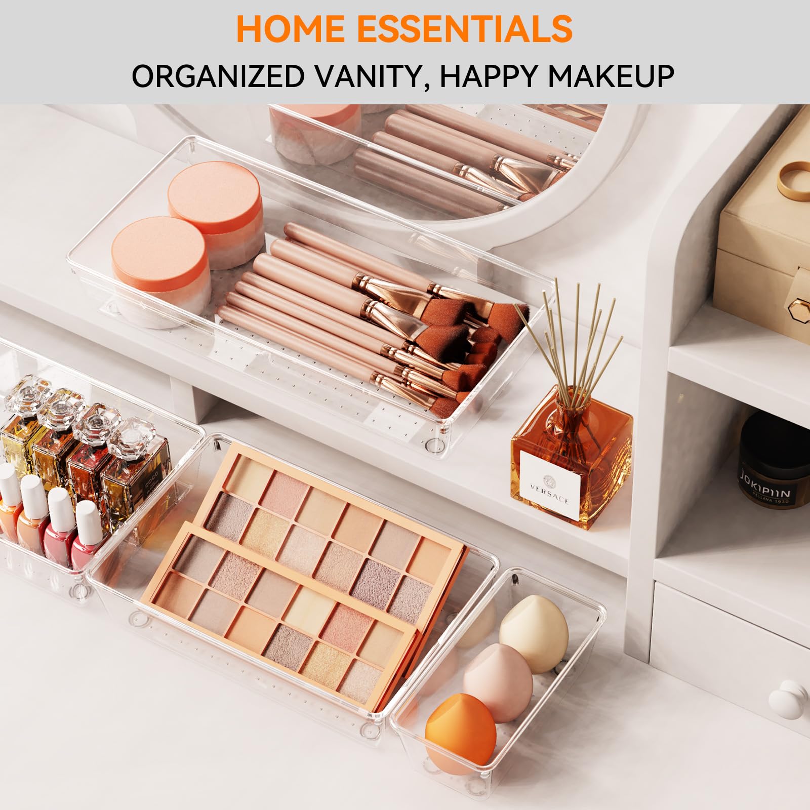 Criusia 8-Pack Large Clear Plastic Drawer Organizer for Kitchen Gadgets, Utensils, Bathroom Storage & Makeup Vanity Accessories - Perfect for Home Organization and Decluttering Drawers