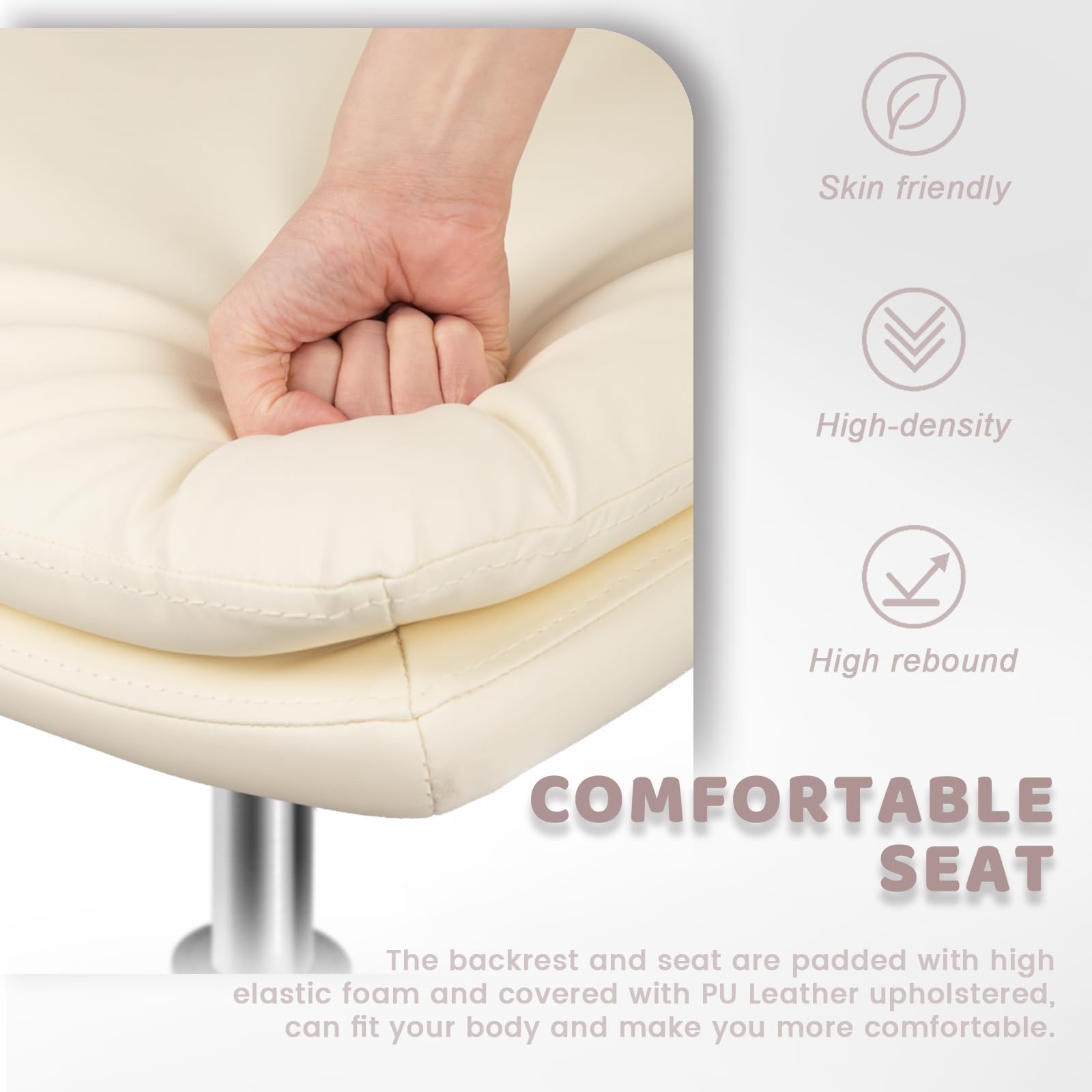 LEMBERI PU Leather Padded Armless Swivel Office Chair - No Wheels, Mid Back Ergonomic Desk Chair with 120° Rocking Function for Home Office, Makeup Vanity & Small Spaces (Beige) - Perfect for Compact Workstations & Beauty Stations