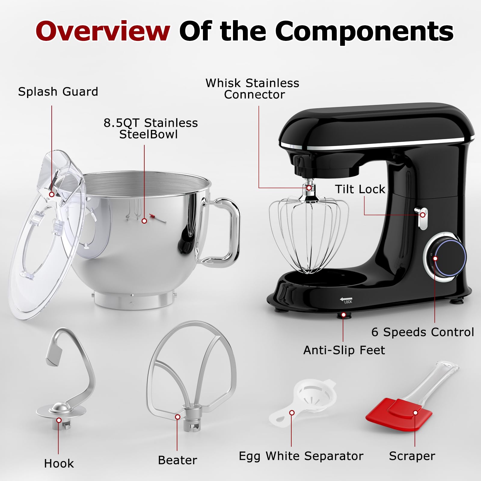 8.5Qt 660W Stand Mixer - 6-Speed Tilt-Head Electric Kitchen Mixer with Dough Hook, Whisk & Beater Attachments - Perfect for Baking Bread, Cookies, Cakes & Kneading Dough - Ideal for Home Bakers & Professional Kitchens