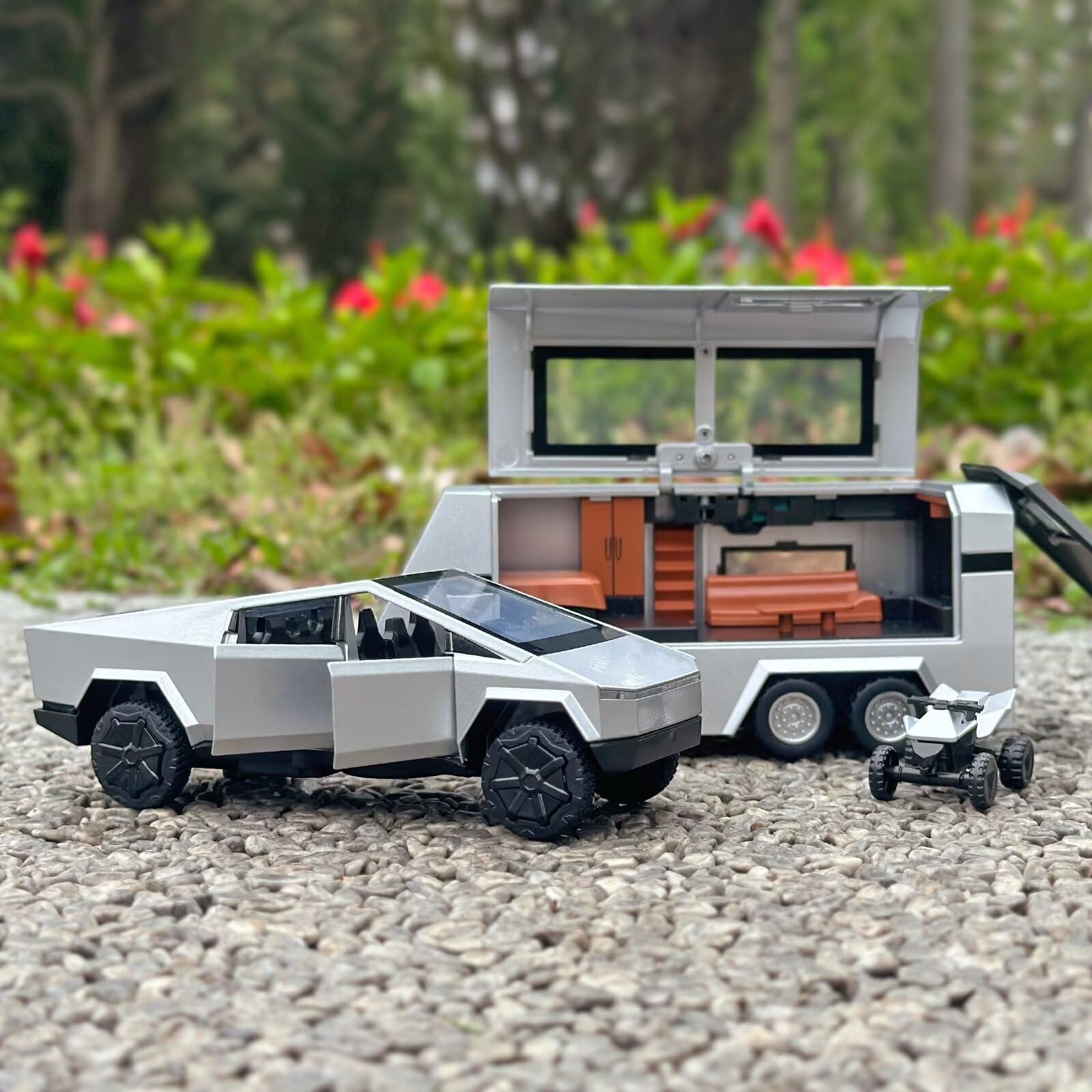 Diecast Metal Mars Pickup Trailer Toy RV with Sound & Light - Pull Back Truck & Trailer Model Kit for Boys Ages 4-7 - Perfect for Imaginative Play, Car Shows & Birthday Gifts (Silver)