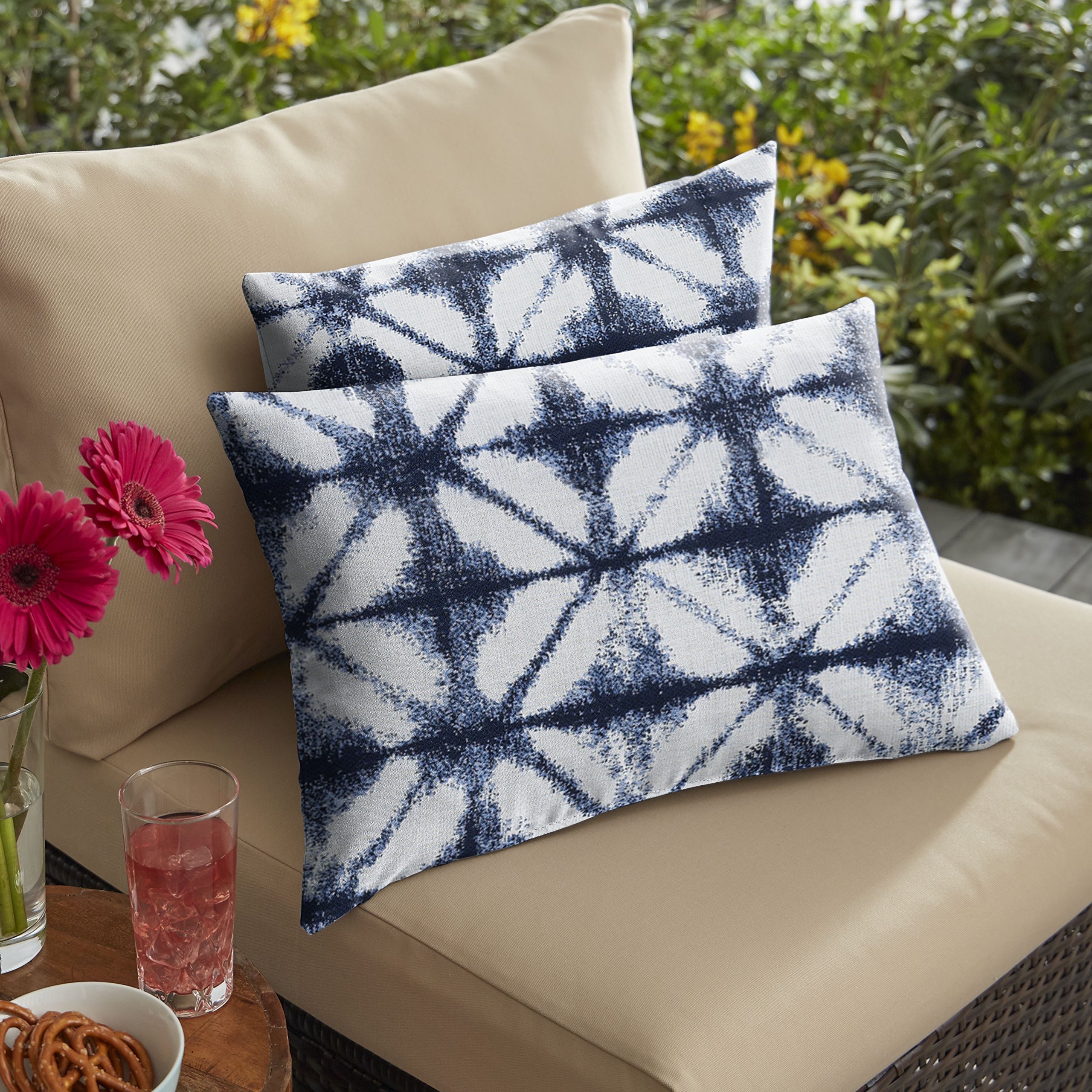Sorra Home Indoor Outdoor Sunbrella Lumbar Pillows - Set of 2 (12x18 Inches) Navy Blue & White - Waterproof & Fade Resistant Cushions for Patio, Poolside, Sofa & Bed Decor
