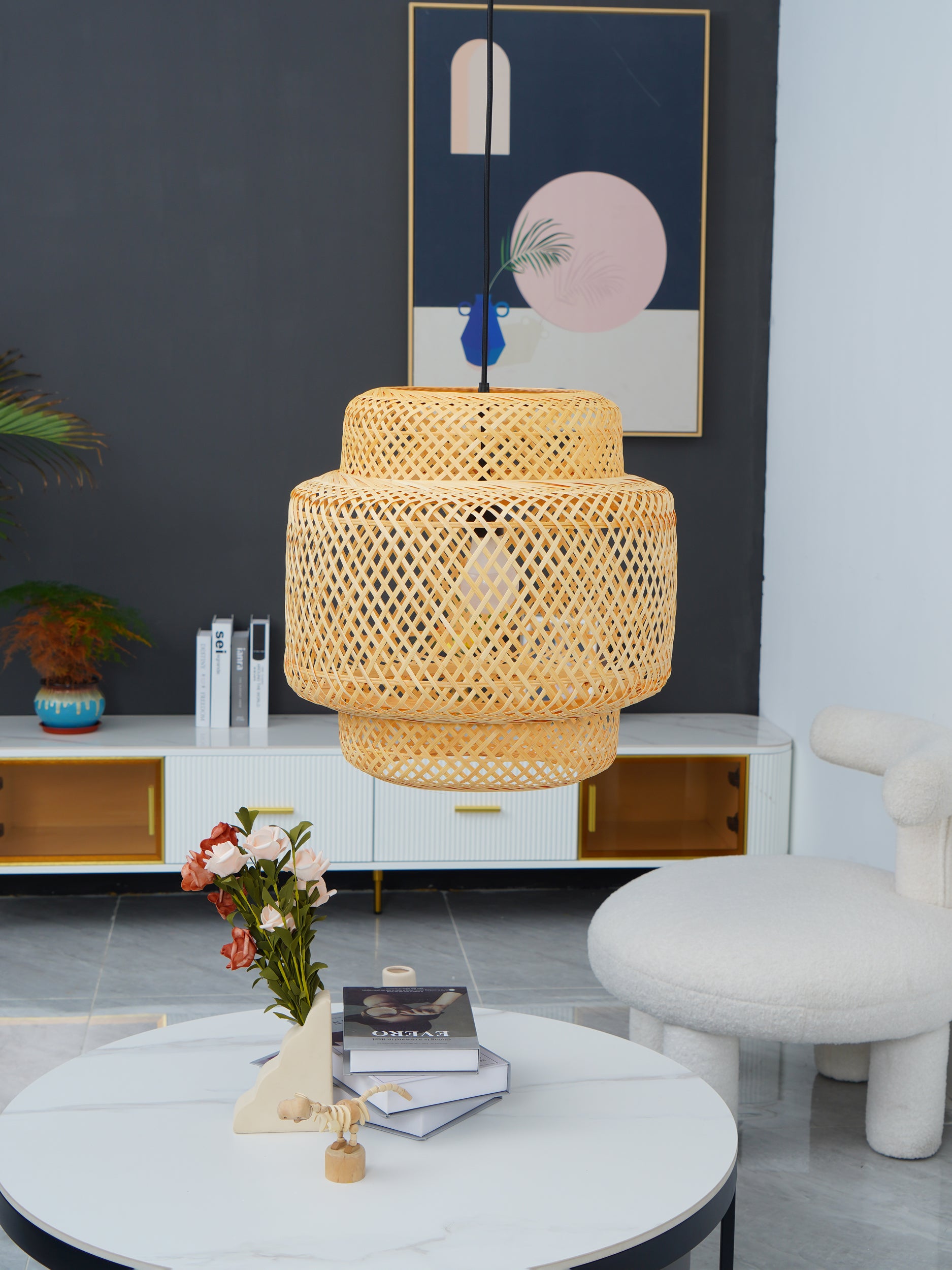Modern Bamboo Pendant Light Fixture - Handwoven Natural Rattan Hanging Lamp for Kitchen Island, Dining Room & Bedroom Decor - Eco-Friendly Lighting Solution
