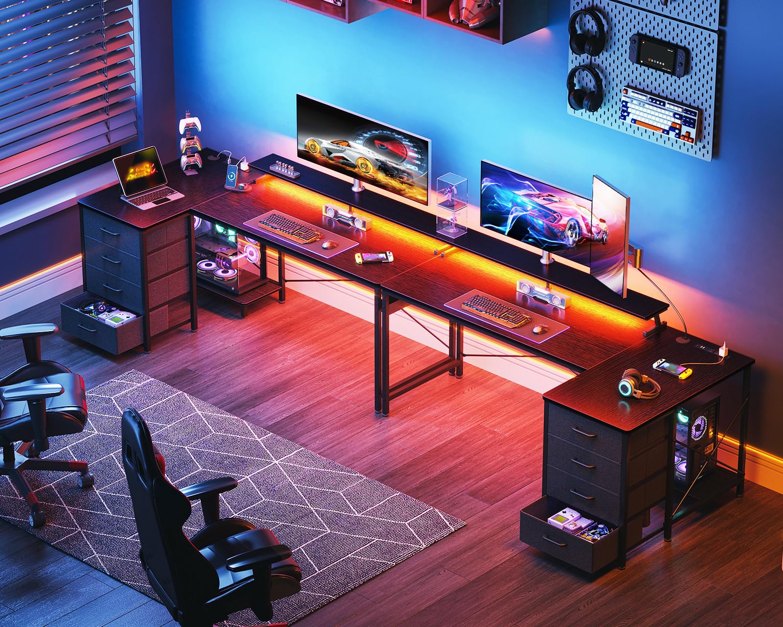ODK 55-Inch L Shaped Gaming Desk with LED Lights & USB Ports, Reversible Computer Desk with 4 Drawers & CPU Stand, Ergonomic Corner Desk for PC Gaming Setup - Perfect for Small Spaces & Bedroom Gaming Stations (Black)