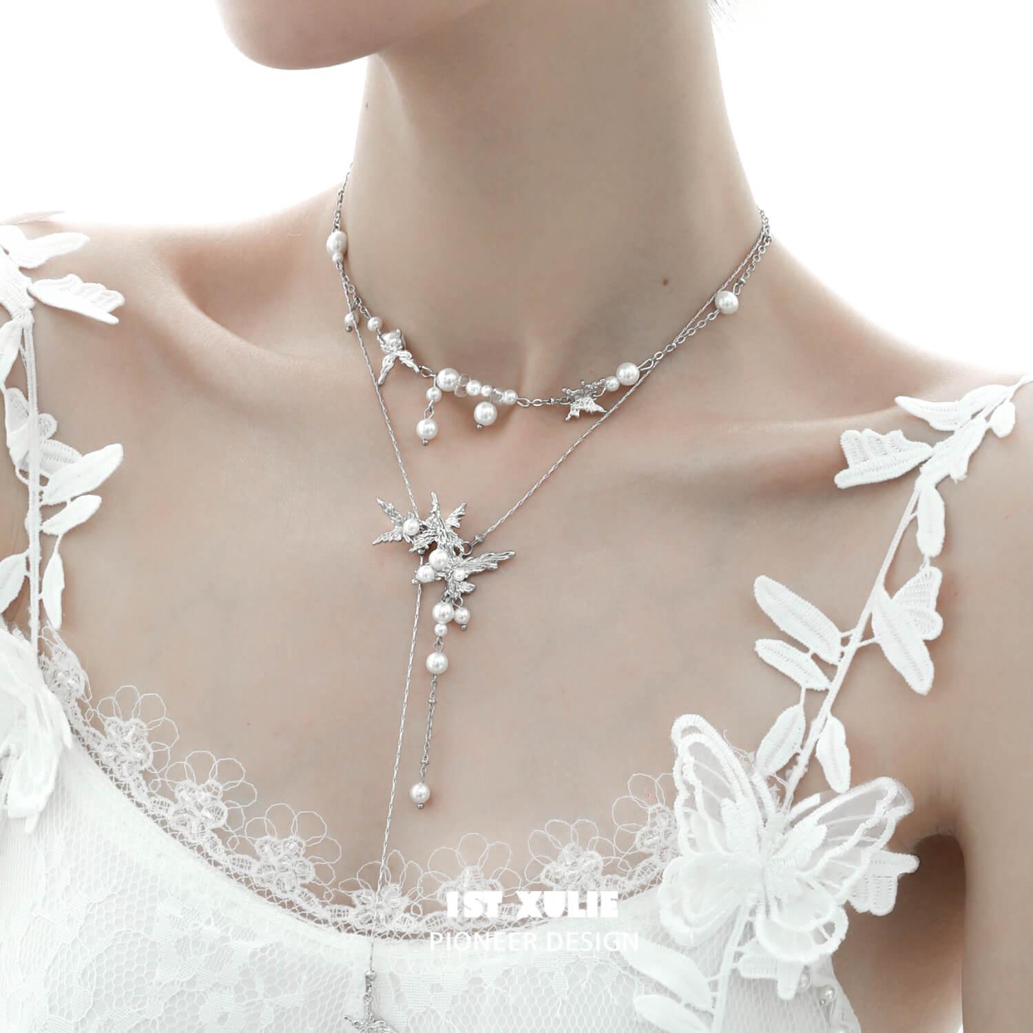 Whiterfly 18K Gold Plated Butterfly Tassel Pearl Necklace for Women - Elegant Layered Pearl Chain Jewelry Gift for Birthday, Anniversary & Special Occasions